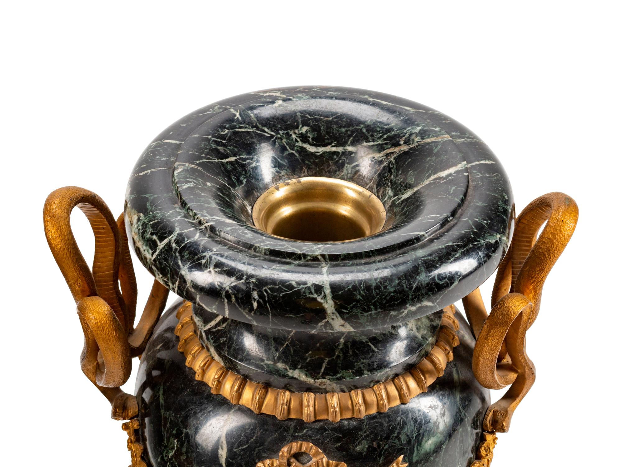 Pair of Louis XVI Style Gilt-Bronze-Mounted Green Marble Urns — 19TH CENTURY