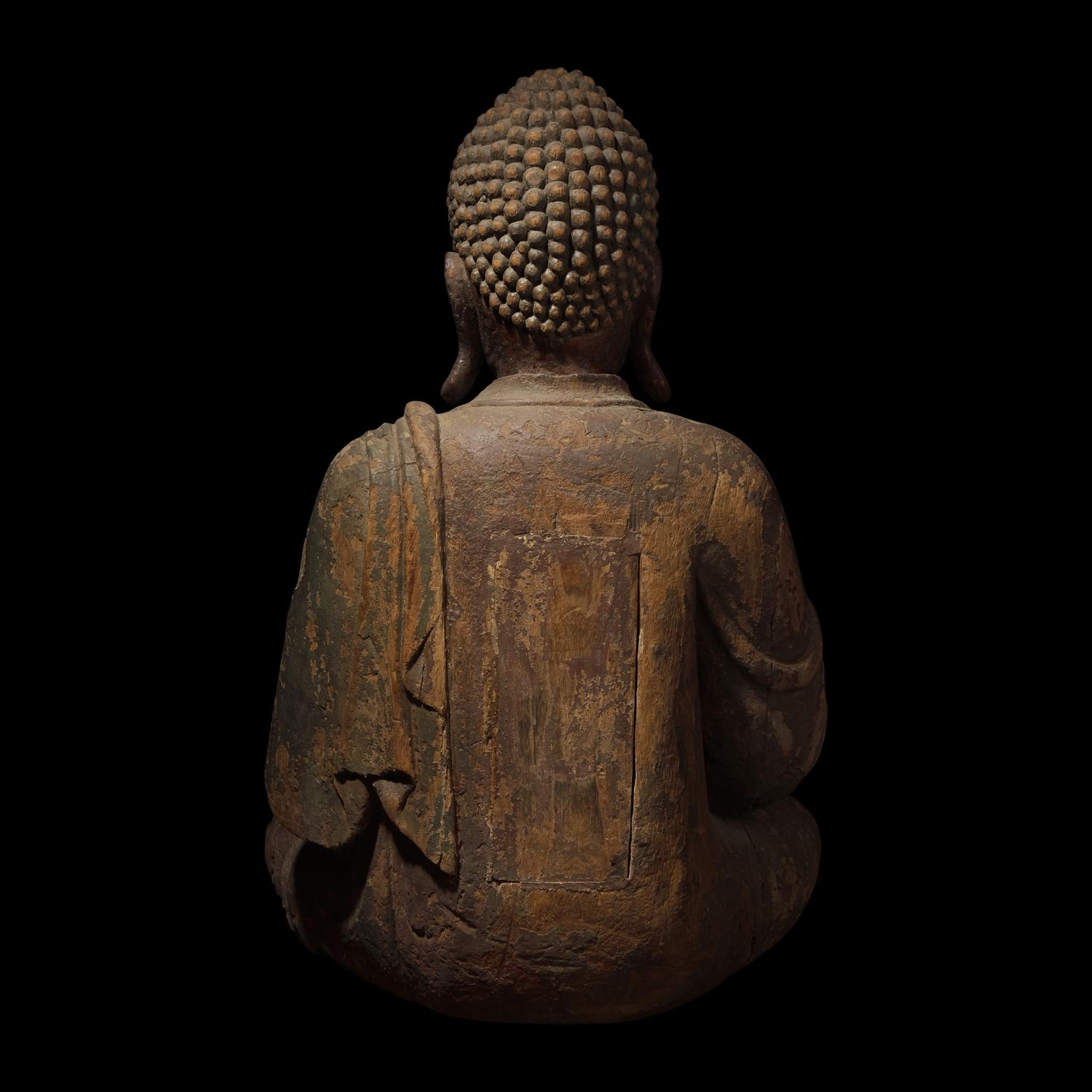A Large Chinese Seated Parcel-Gilt Carved Wood Figure of the Buddha, Ming Dynasty 明 木雕坐佛