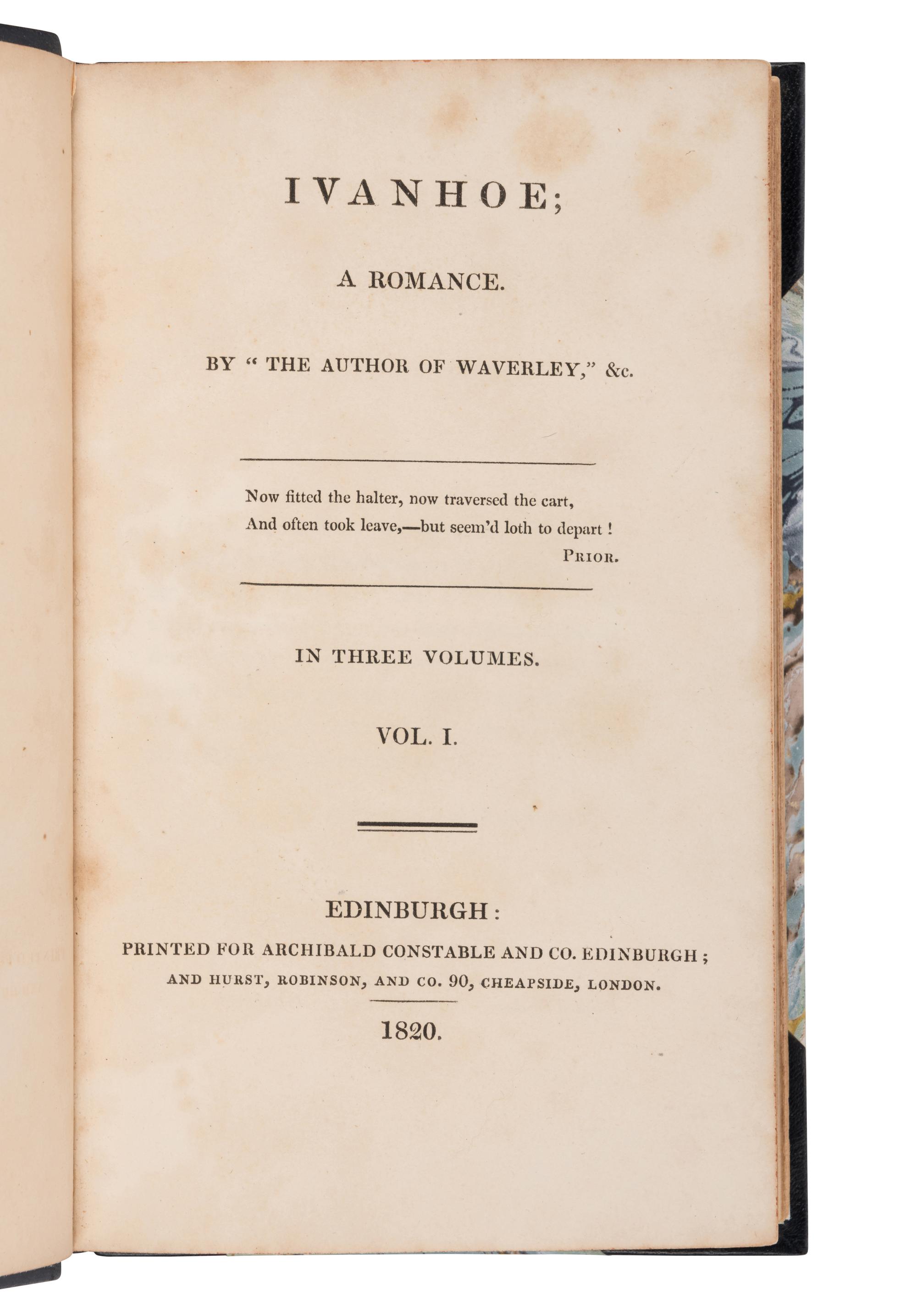 SCOTT, Walter, Sir (1771-1832). Ivanhoe: A Romance. Edinburgh: Archibald Constable & Co., 1820.