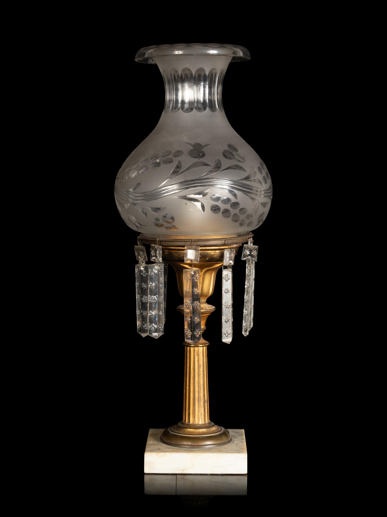 A Classical Brass and Etched Glass Oil Lamp