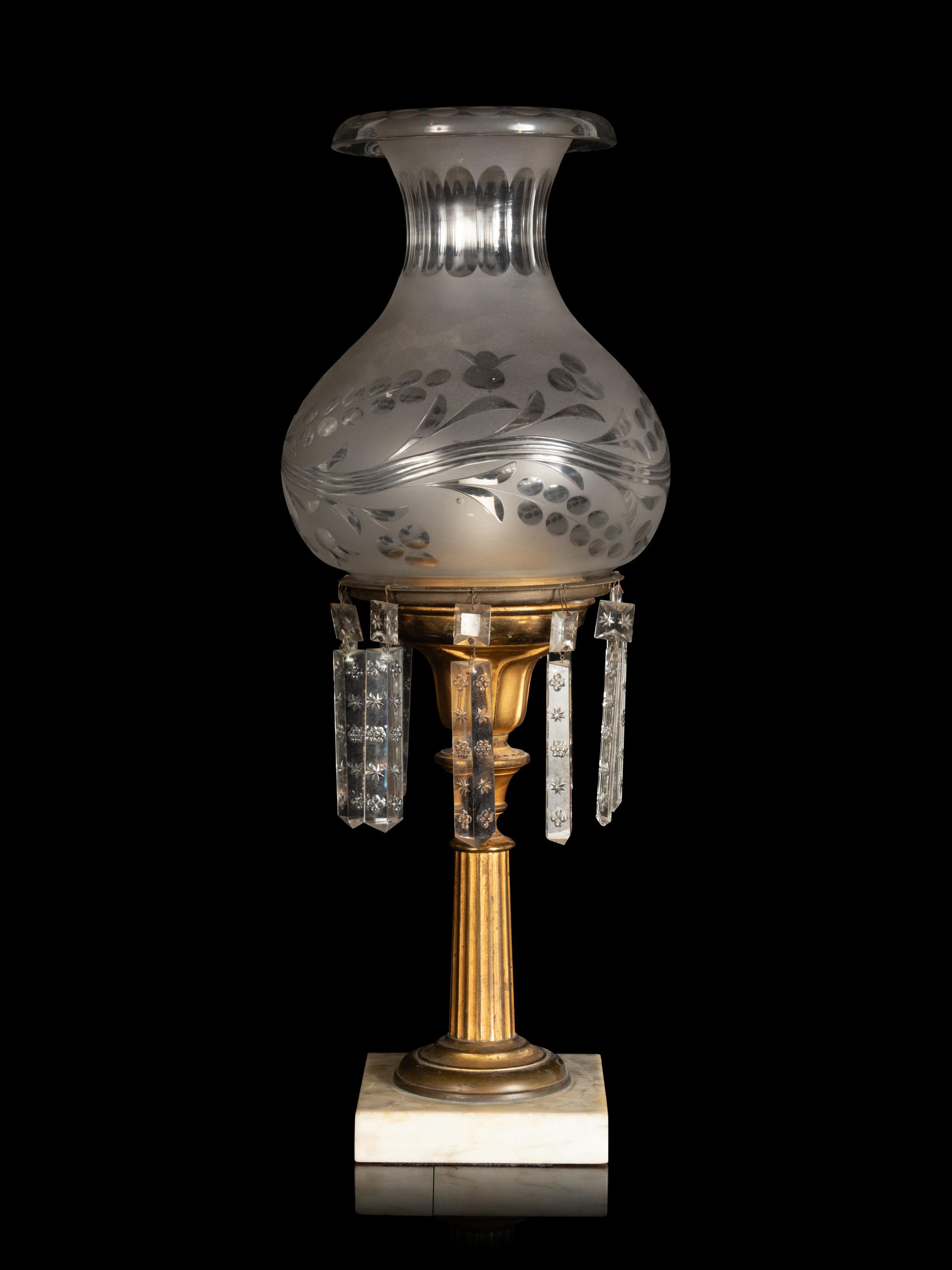 A Classical Brass and Etched Glass Oil Lamp