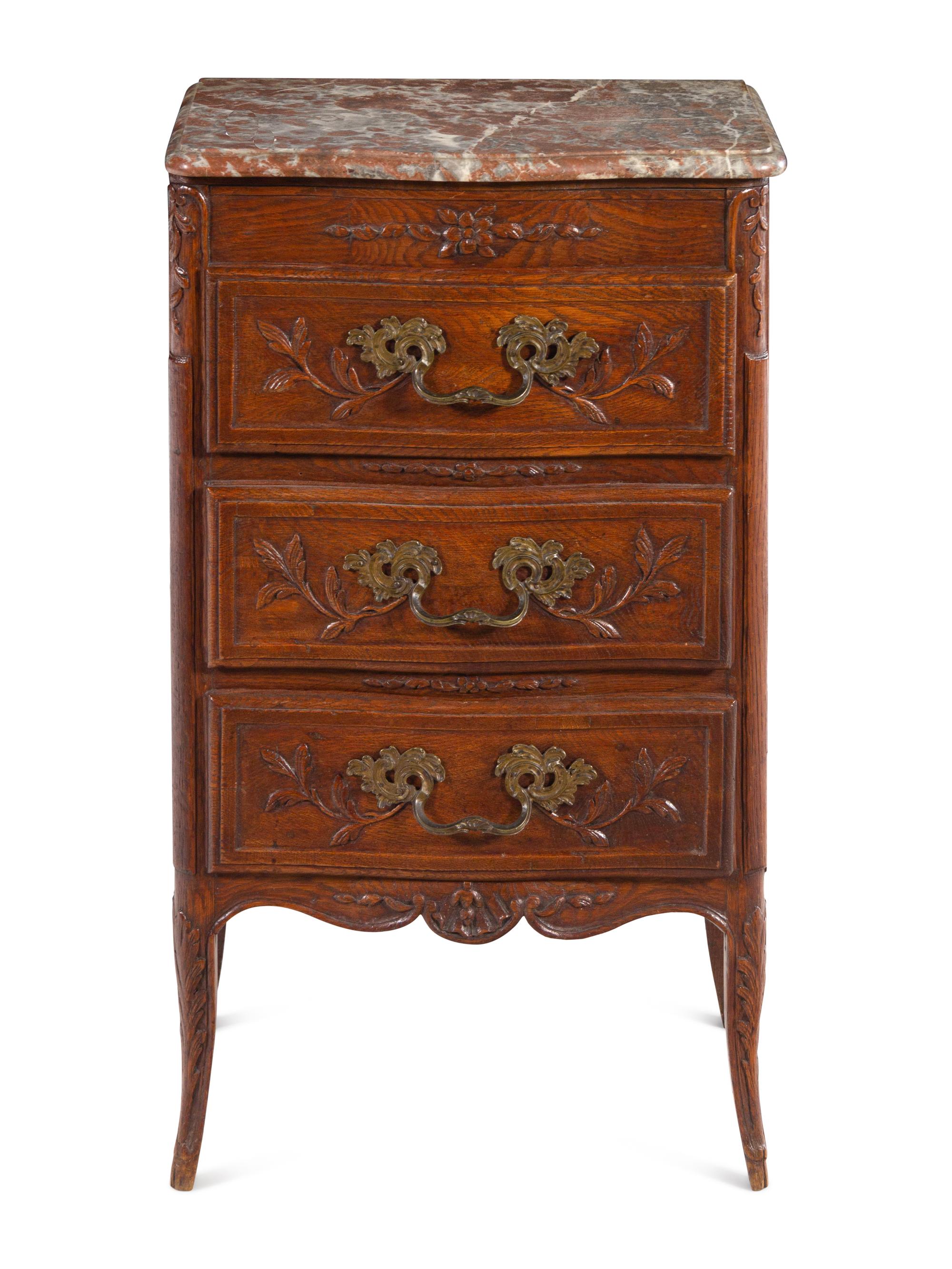 A Louis XV Style Chestnut Marble-Top Chest of Drawers