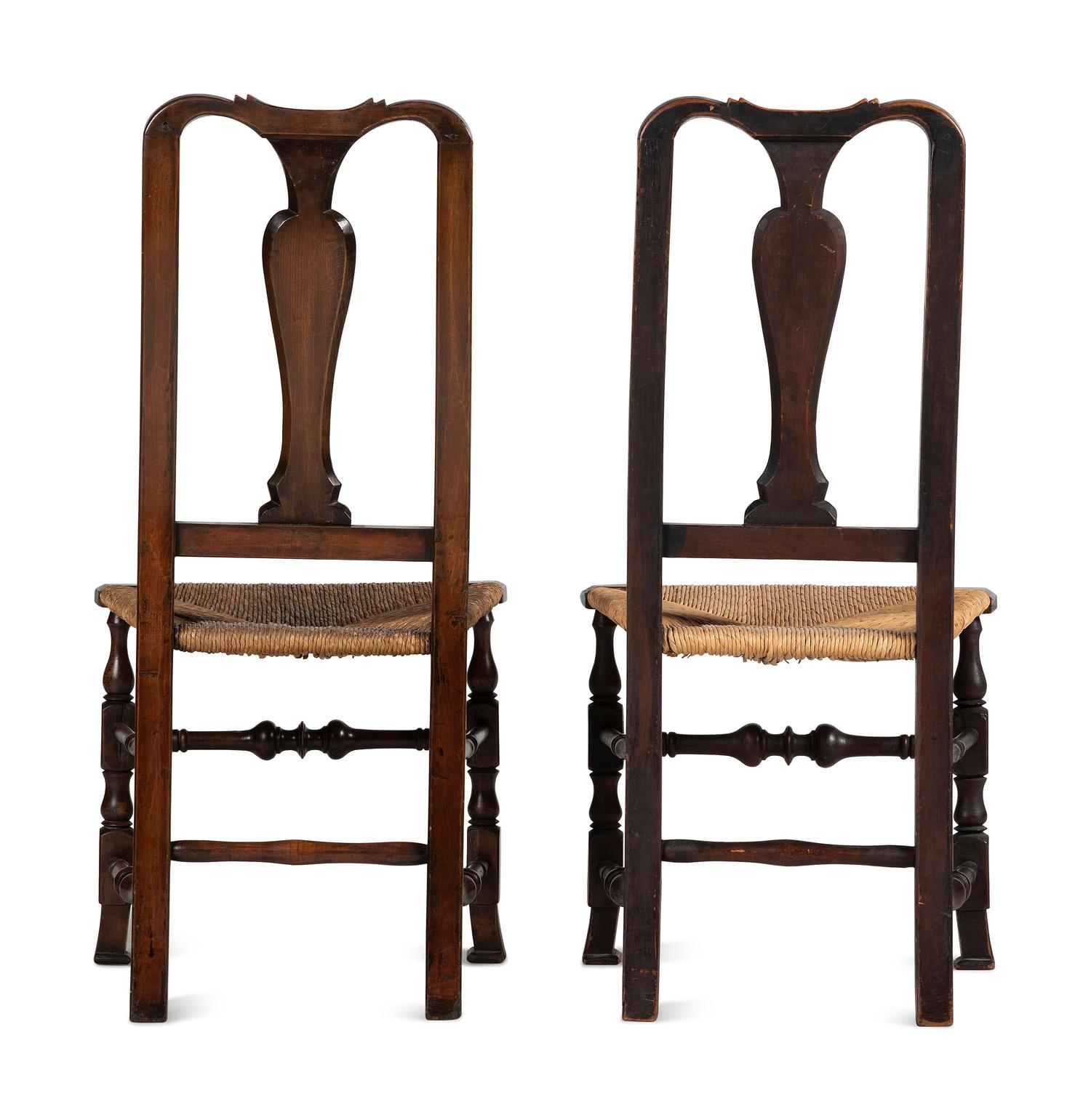 A Matched Set of Five Queen Anne Transitional Rush-Seat Spanish-Foot Side Chairs