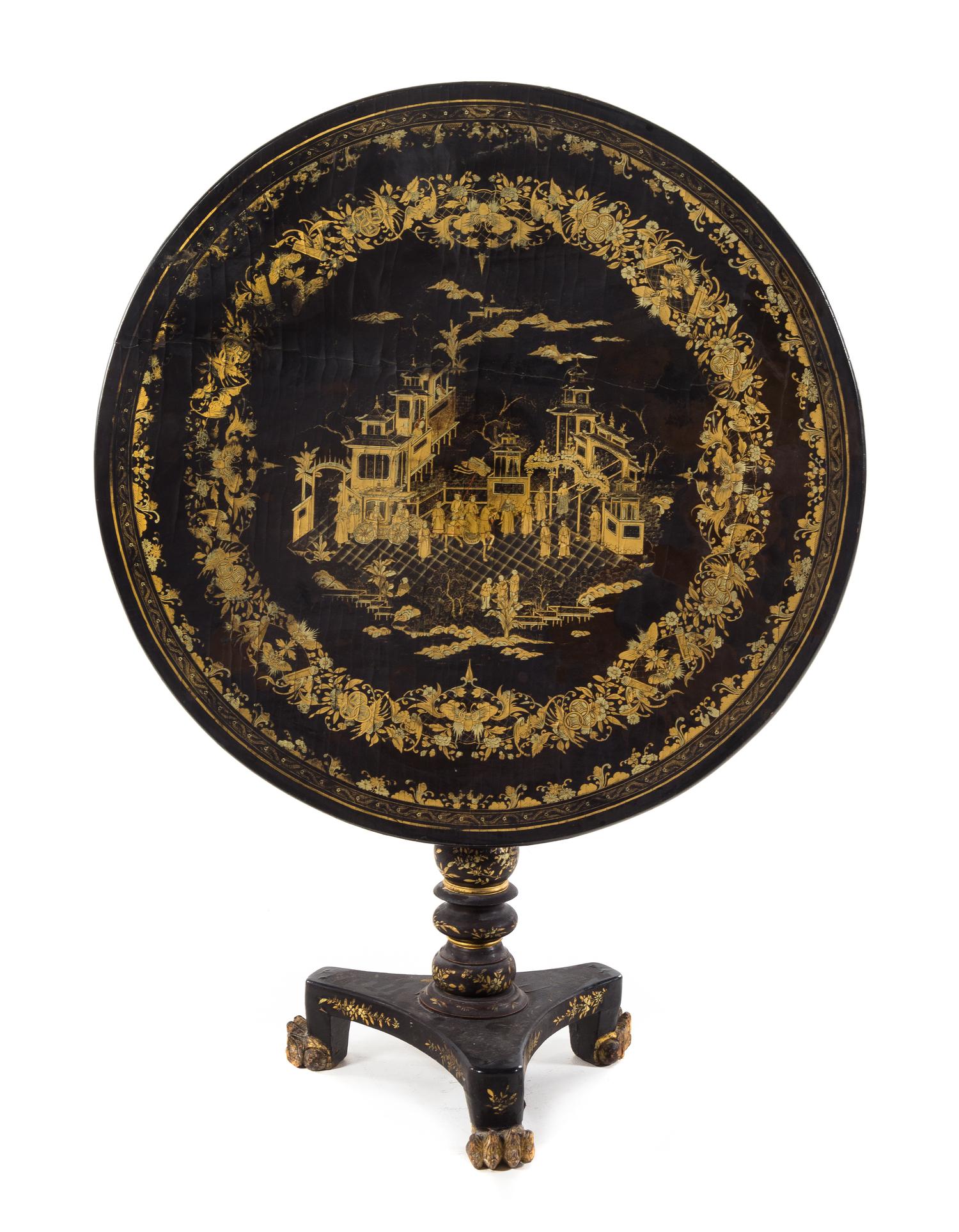 A Chinese Export Lacquered Tilt-Top Tea Table Height 31 x diameter of top 36 1/2 inches. — 19TH CENTURY