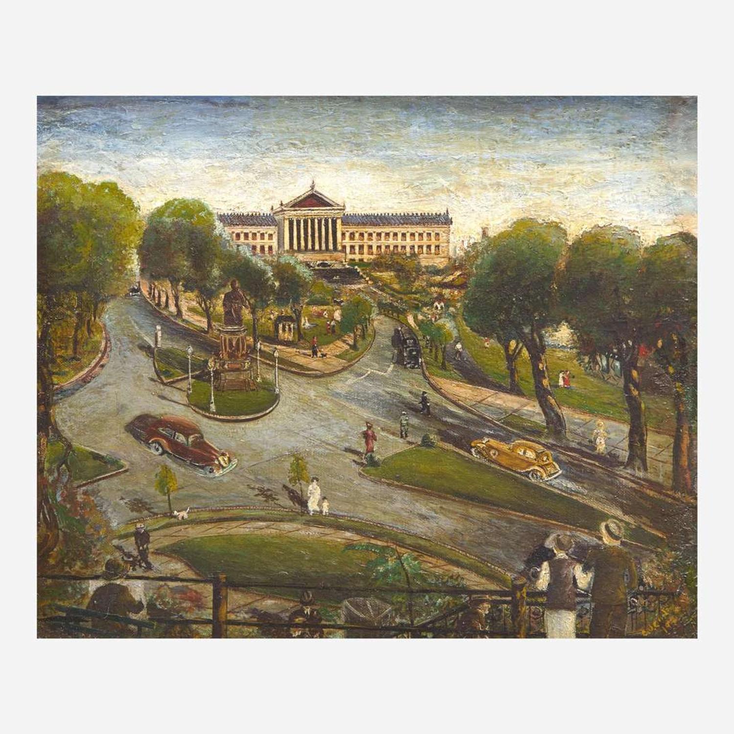 American School 20th century Fairmount View with Philadelphia Museum of Art and Abraham Lincoln Statue, dated "`1930"