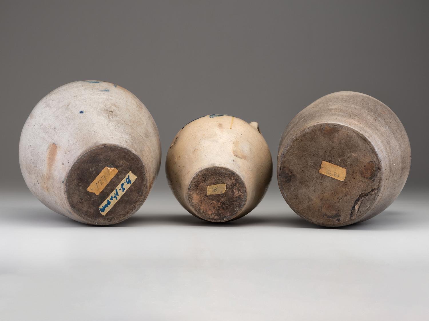 Three Cobalt Decorated Stoneware Vessels