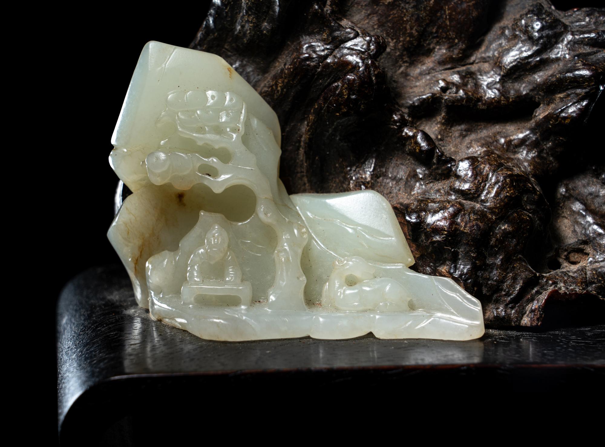 A Carved Celadon Jade and Rootwood Mountain