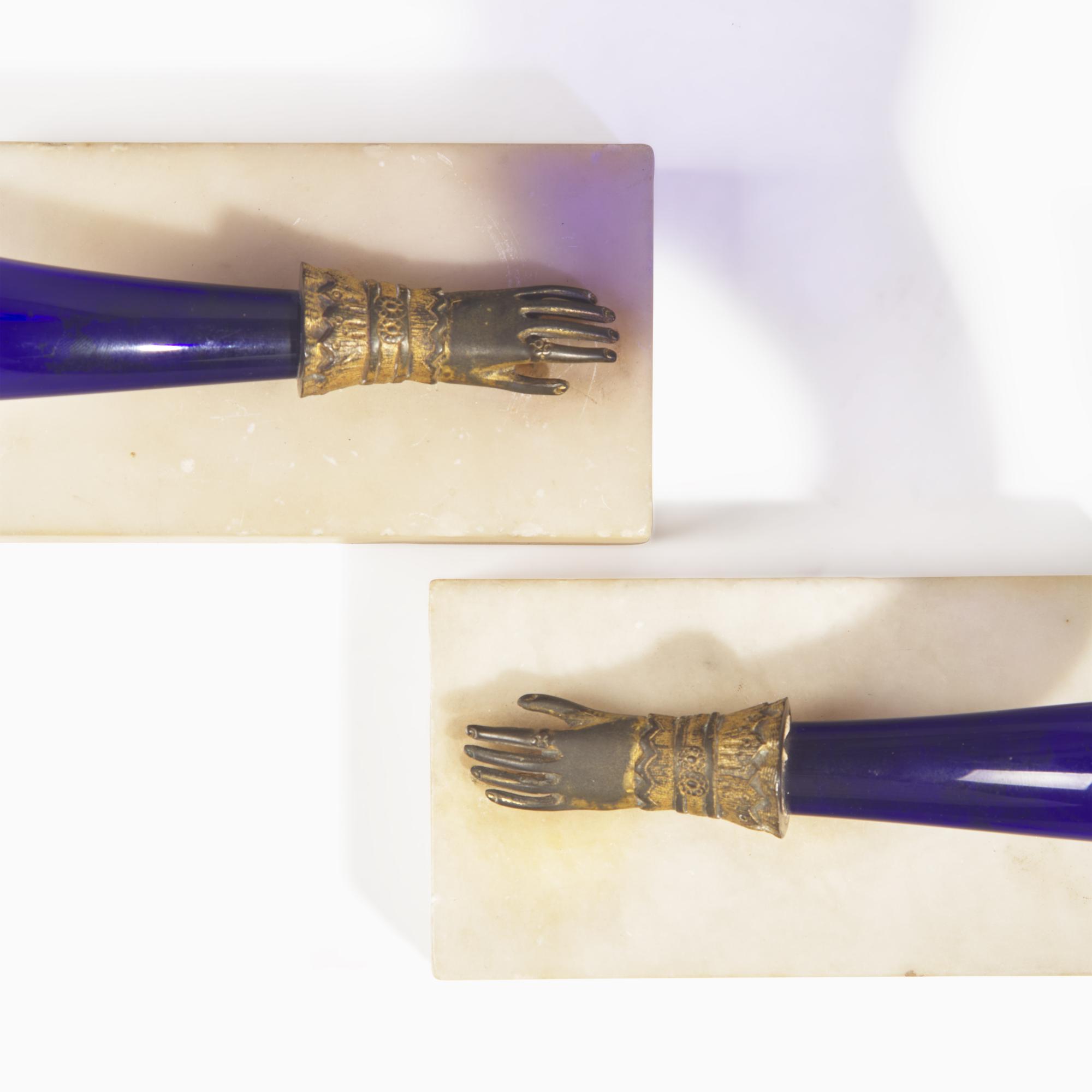 A Pair of Cornucopia-Form Cobalt Blue Glass, Gilt Bronze, and Alabaster Mantel Vases