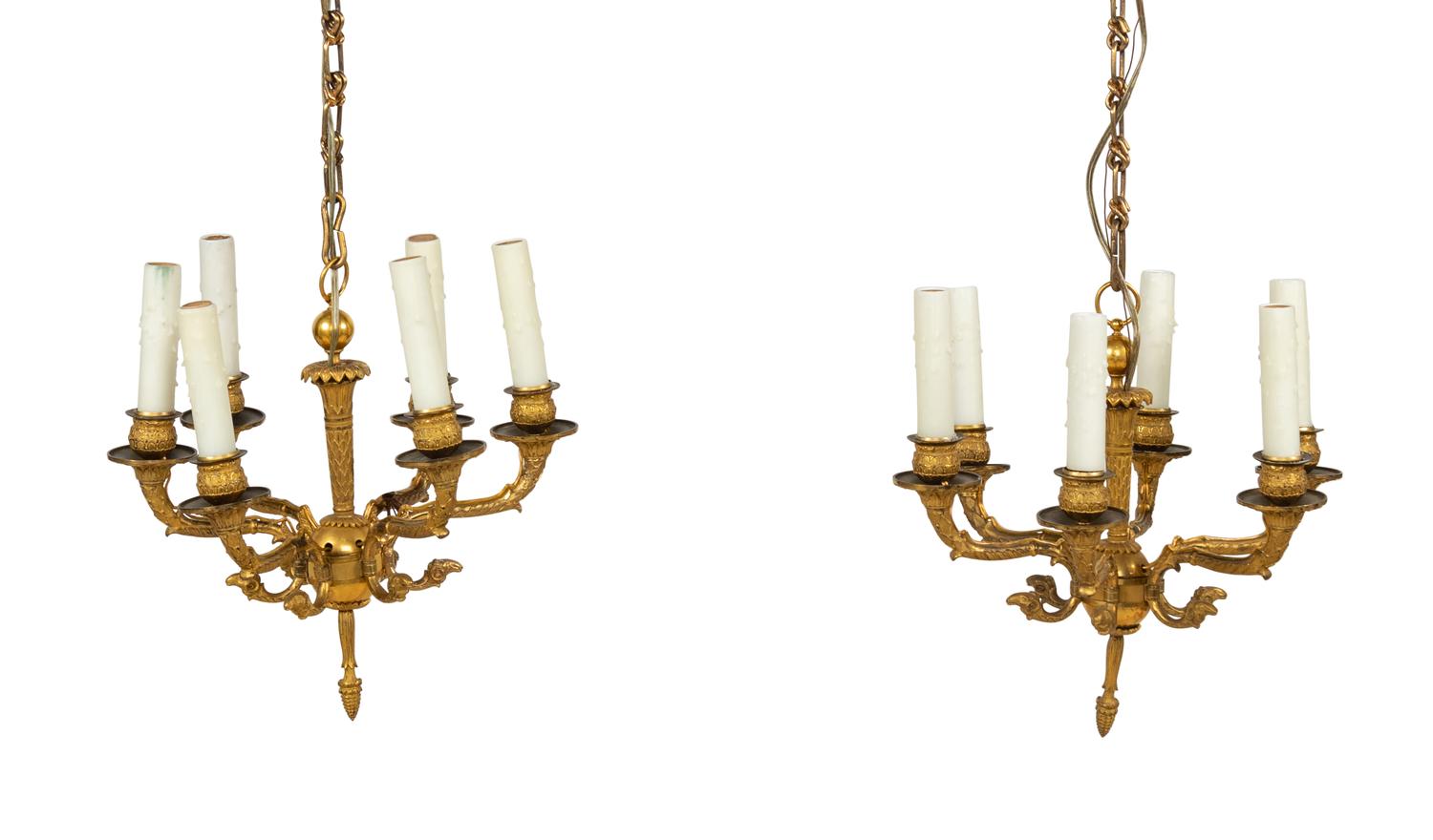 A Pair of Empire Gilt Bronze Six-Light Chandeliers