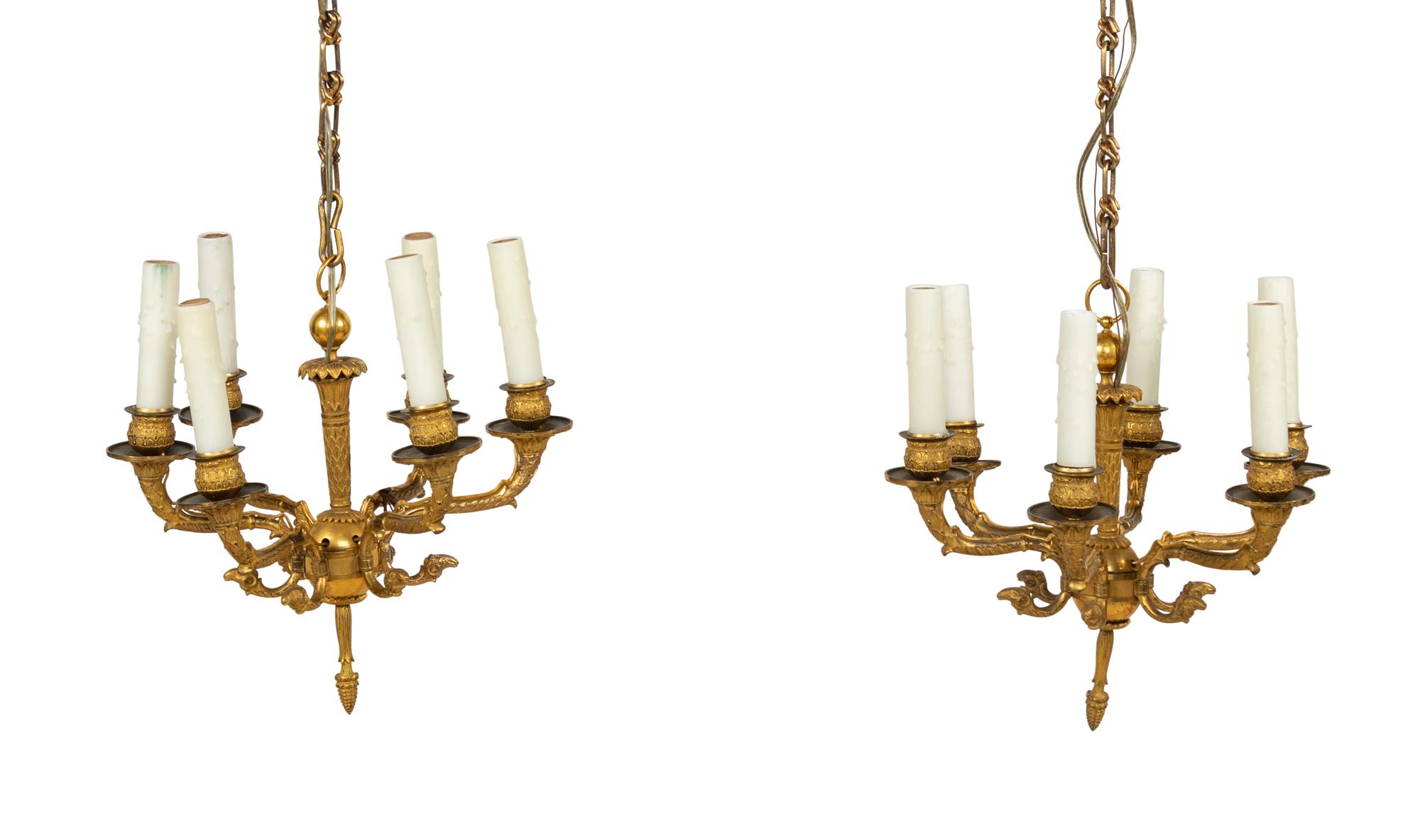 A Pair of Empire Gilt Bronze Six-Light Chandeliers