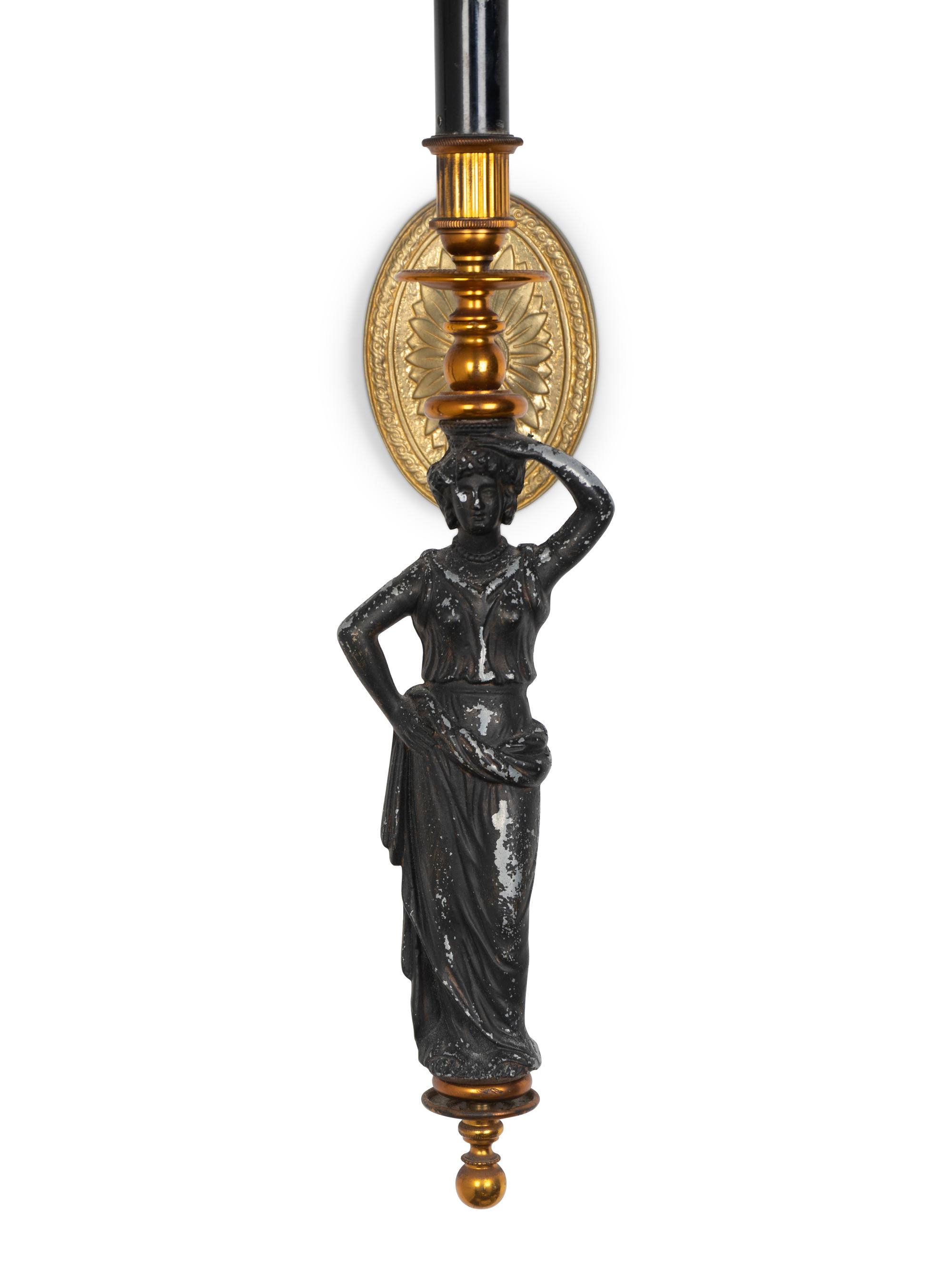 A Pair of Neoclassical Style Gilt Metal, Ebonized and Cut Crystal Wall Sconces — 20TH CENTURY