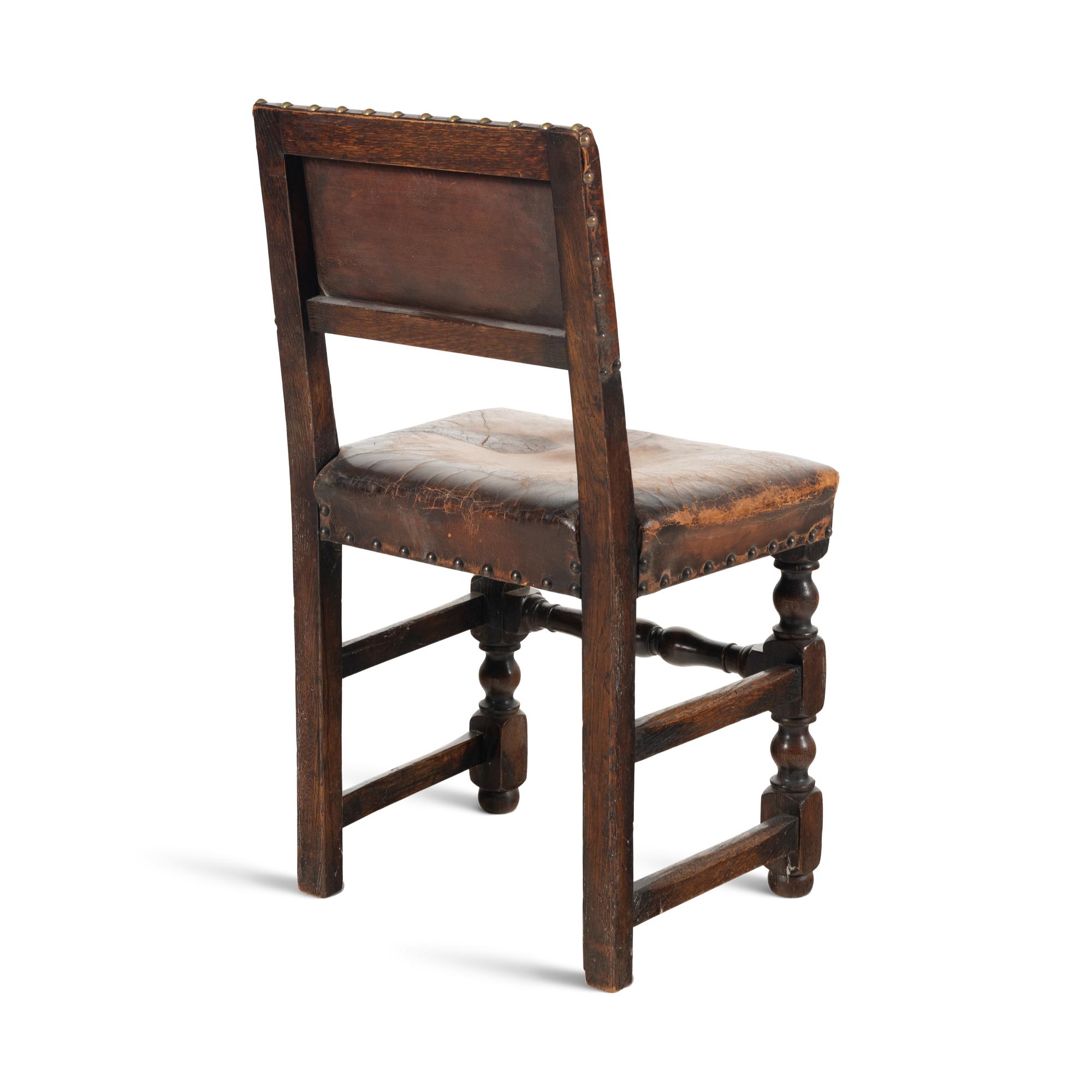 A Pair of Charles II Style Leather and Nail Head-Upholstered Oak Side Chairs