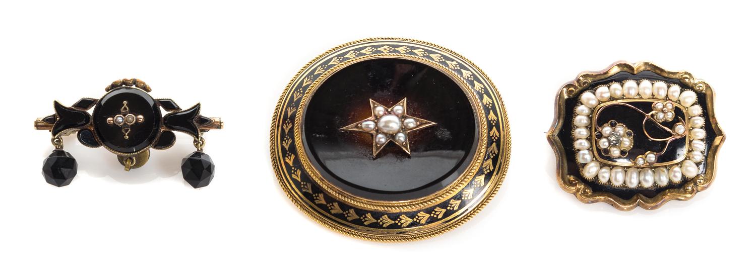 A Collection of Victorian Yellow Gold, Rolled Gold, Onyx, and Seed Pearl Brooch, 4.70 dwts.