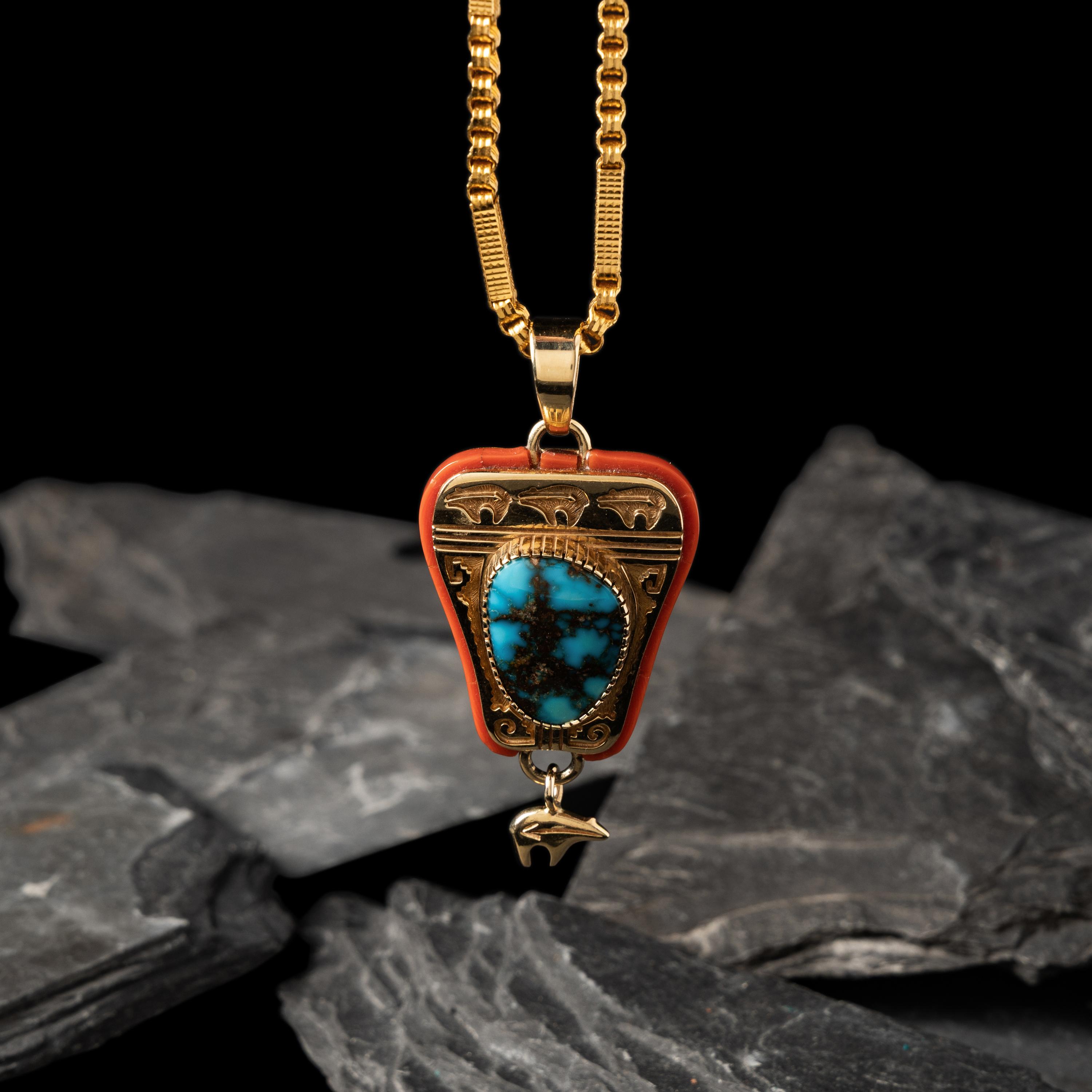 Herbert Taylor (Diné, 1951-1996) — 14K Gold Bisbee Turquoise, and Mediterranean Coral Pendant, with 22K Gold Chain