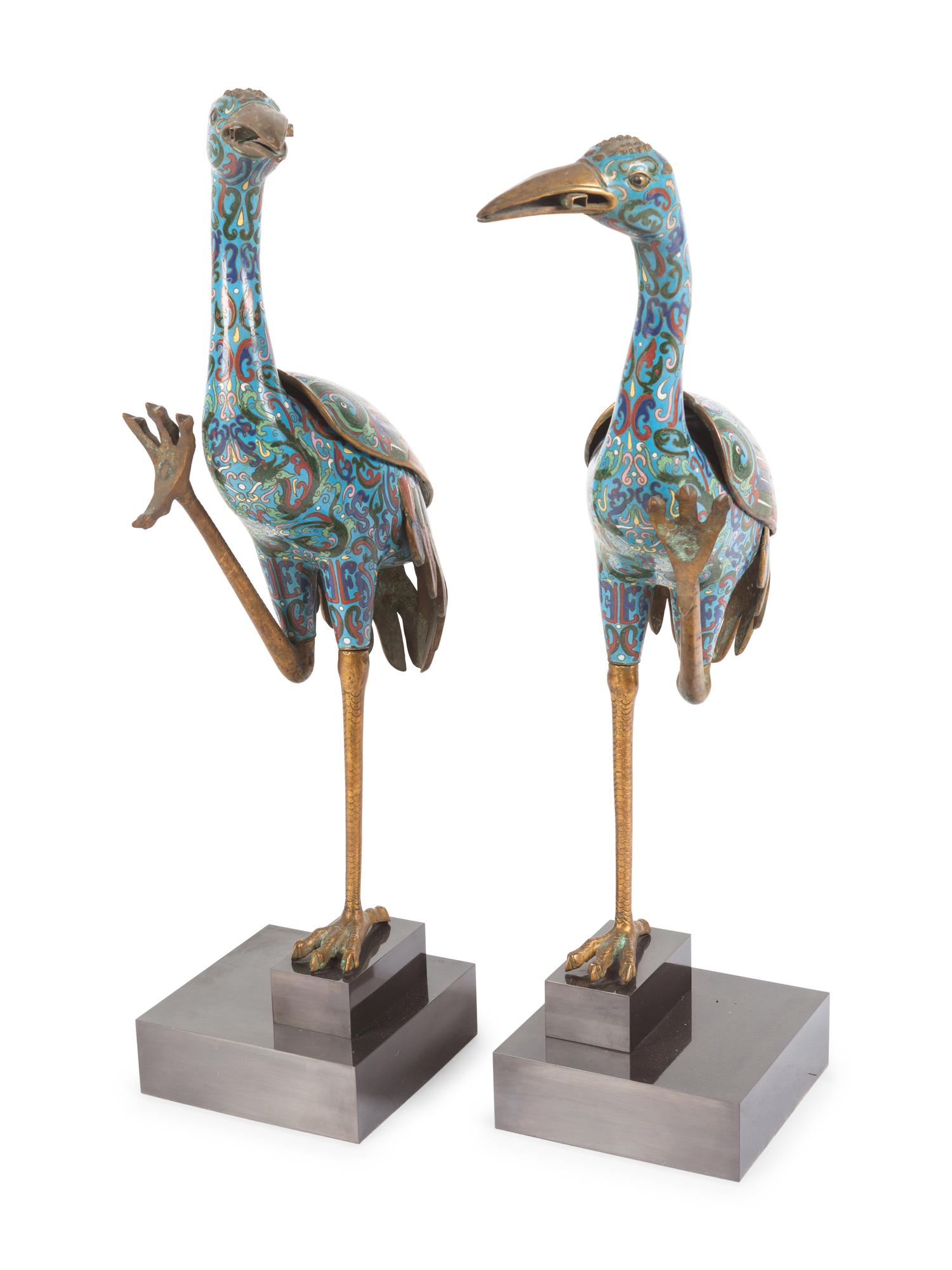 A Pair of Cloisonné Models of Cranes