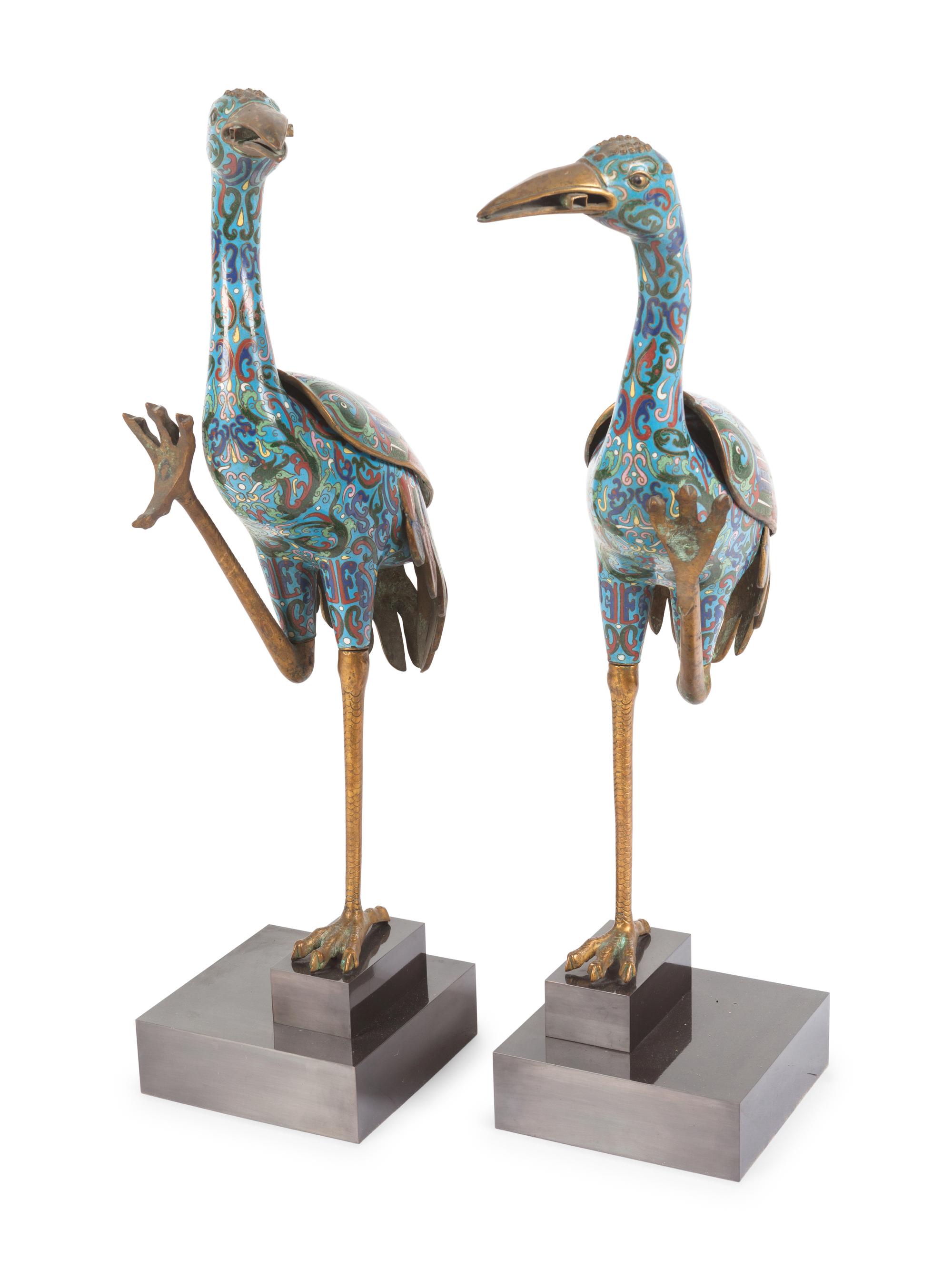 A Pair of Cloisonné Models of Cranes