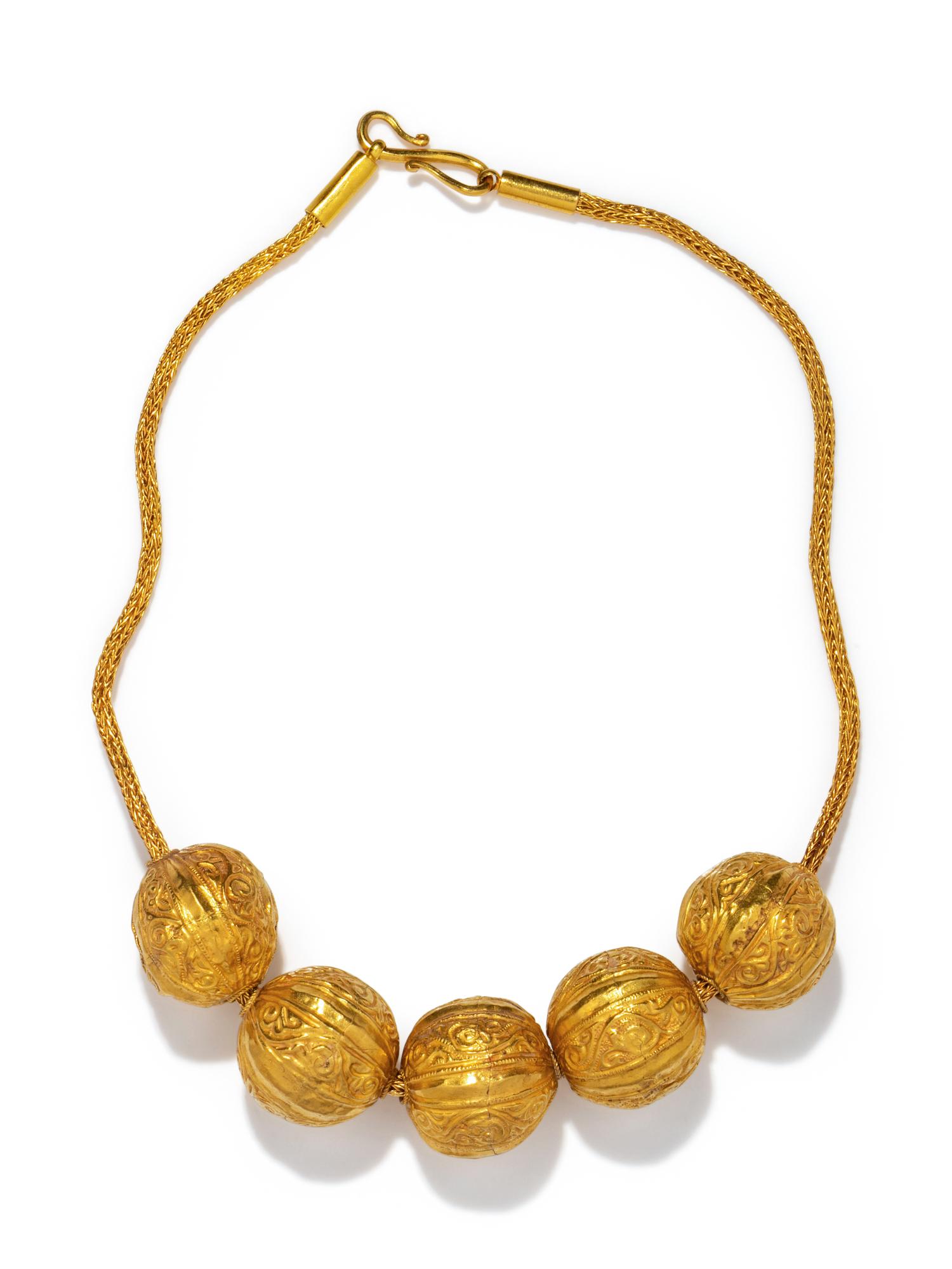 Five Etruscan Gold Spherical Beads with Scrolling Tendrils and Vegetation — with a gold chain