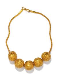 Five Etruscan Gold Spherical Beads with Scrolling Tendrils and Vegetation — with a gold chain