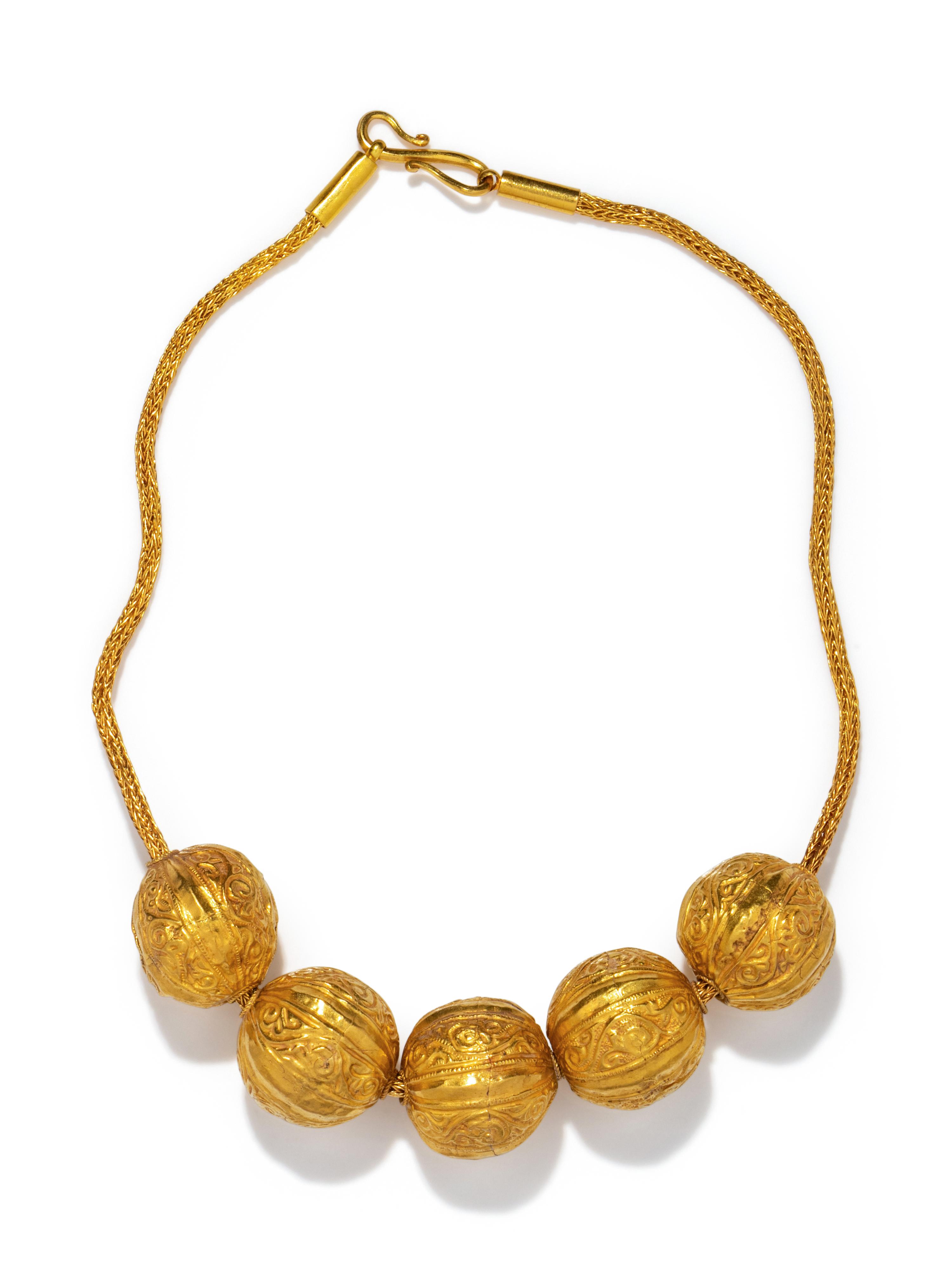 Five Etruscan Gold Spherical Beads with Scrolling Tendrils and Vegetation — with a gold chain