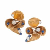 George Schuler, Diamond, Sapphire, and Yellow Gold Earrings