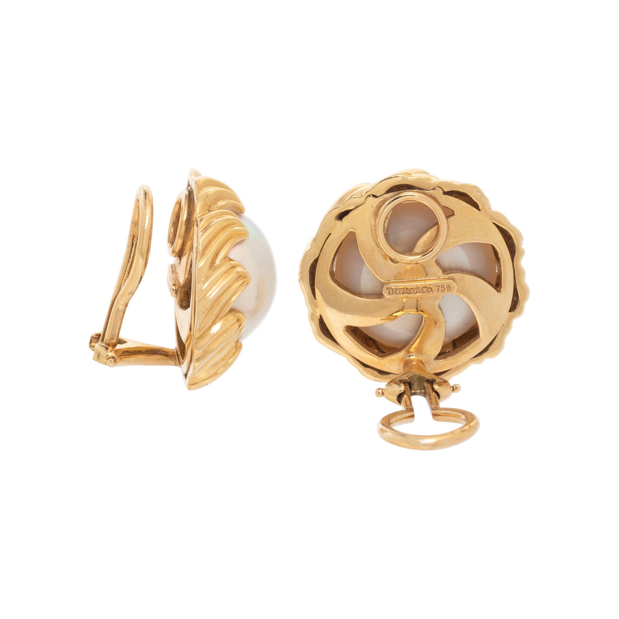 TIFFANY & CO., YELLOW GOLD AND MABÉ PEARL 'SCALLOPED SWIRL' EARRINGS