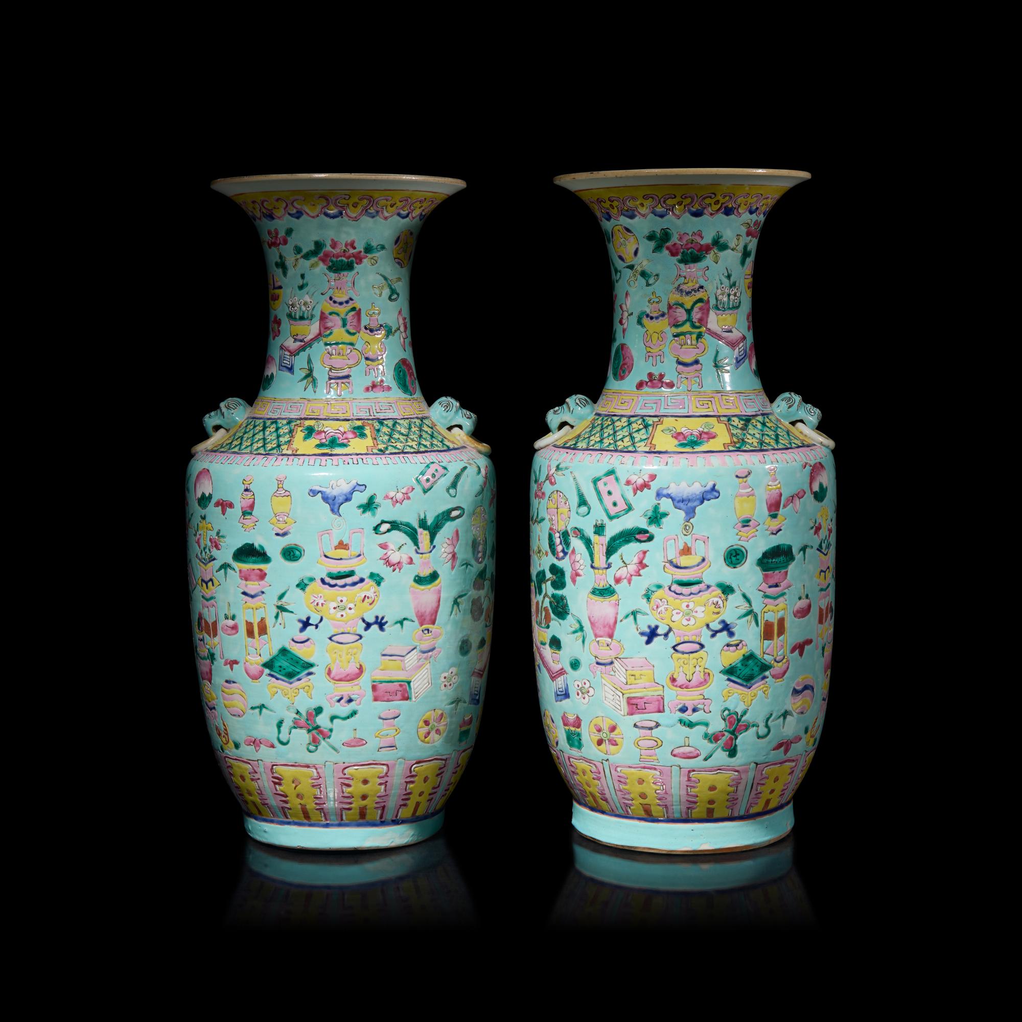 A Pair of Chinese Famille Rose Porcelain 'Bogu' Vases 藍地粉彩博古紋瓶一對