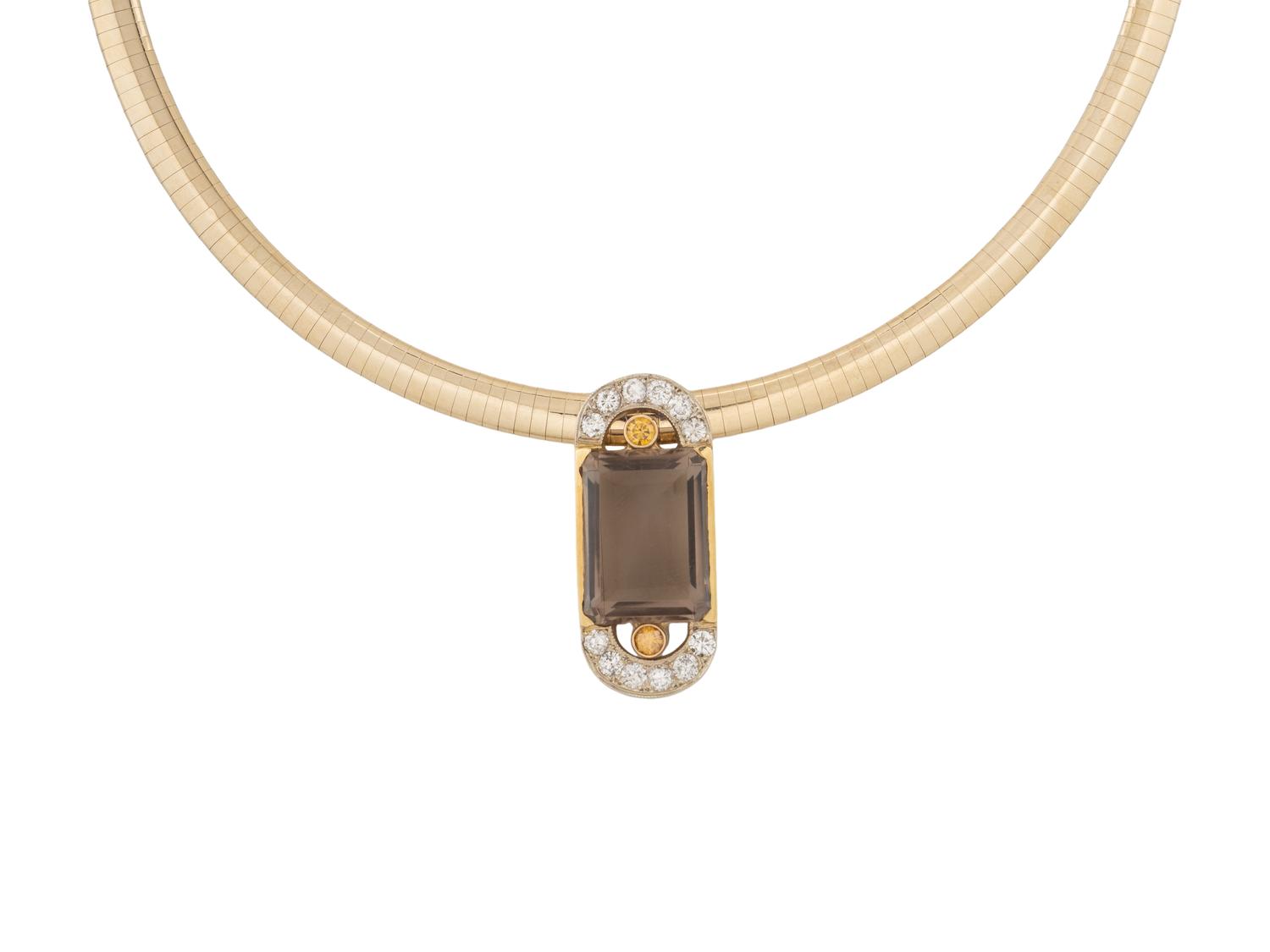 SMOKEY QUARTZ, COLORED DIAMOND, AND DIAMOND NECKLACE