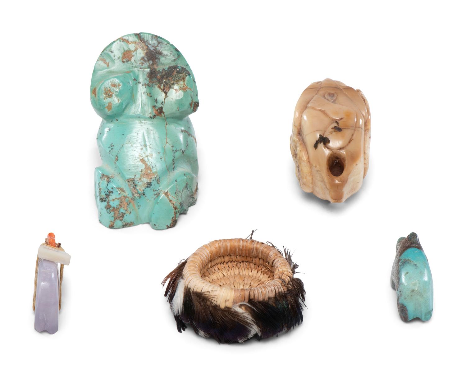 Turquoise Fetishes, Miniature Pomo Basket, and Netsuke