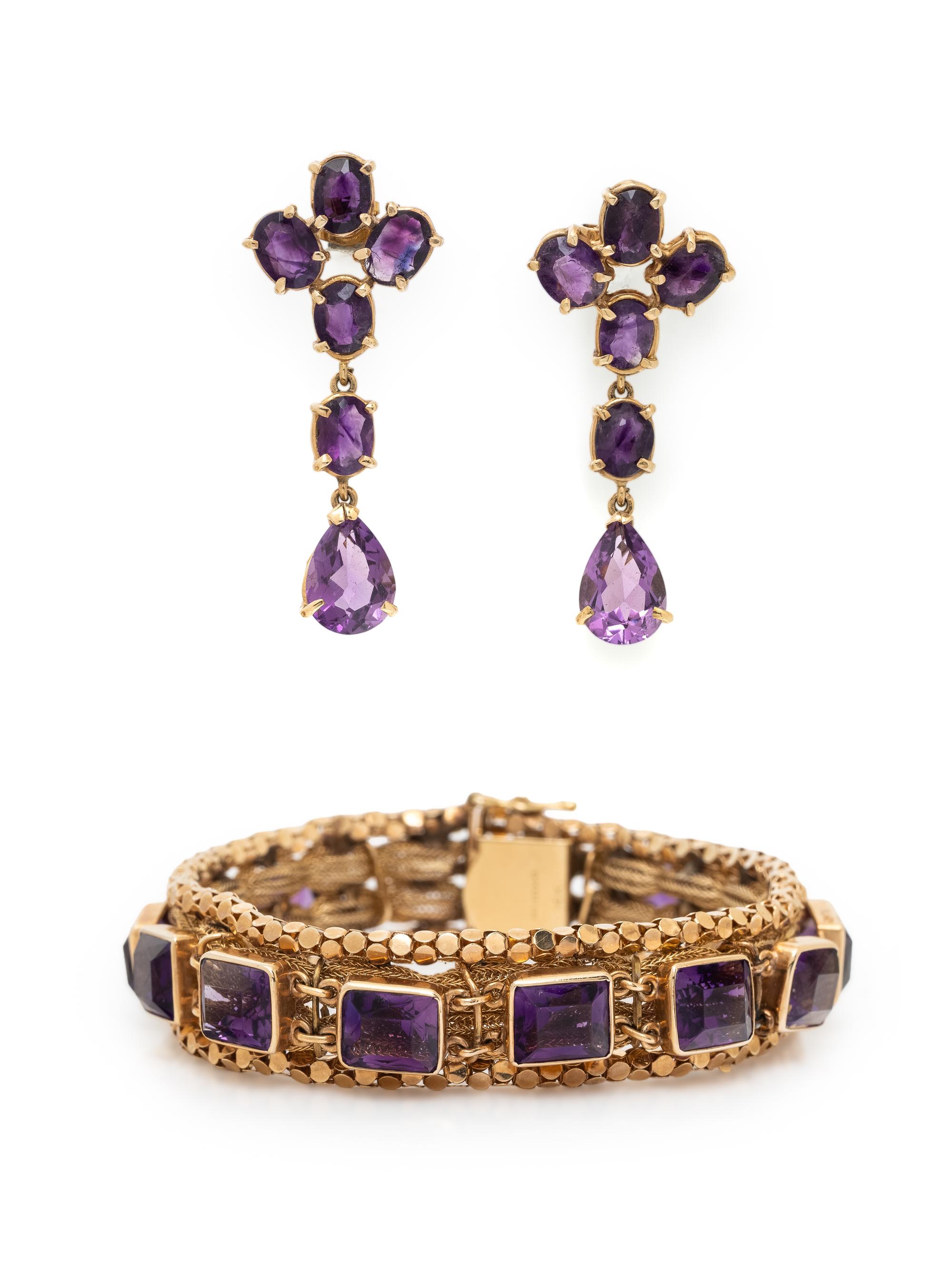 AMETHYST AND YELLOW GOLD BRACELET AND EARRINGS
