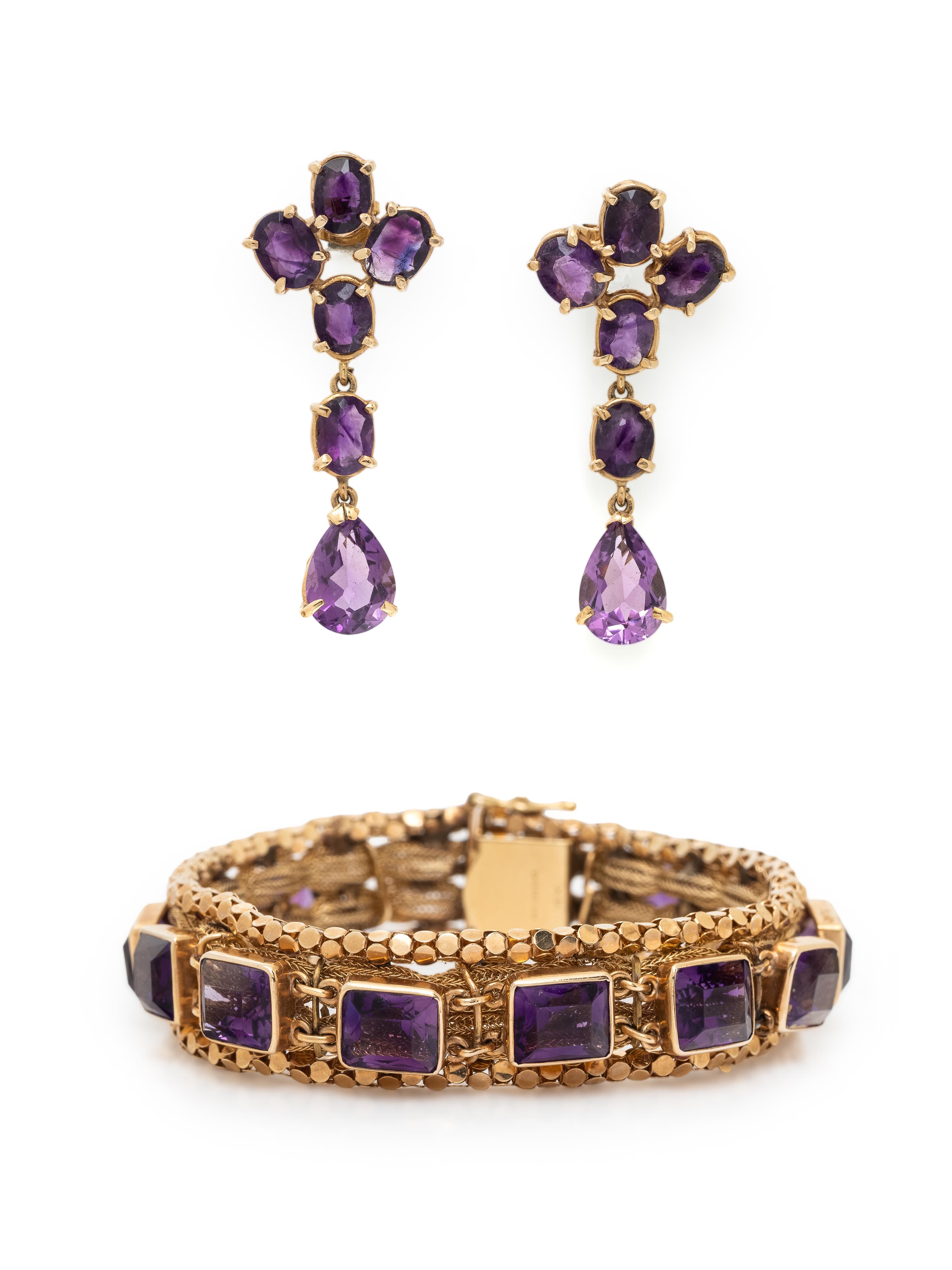 AMETHYST AND YELLOW GOLD BRACELET AND EARRINGS