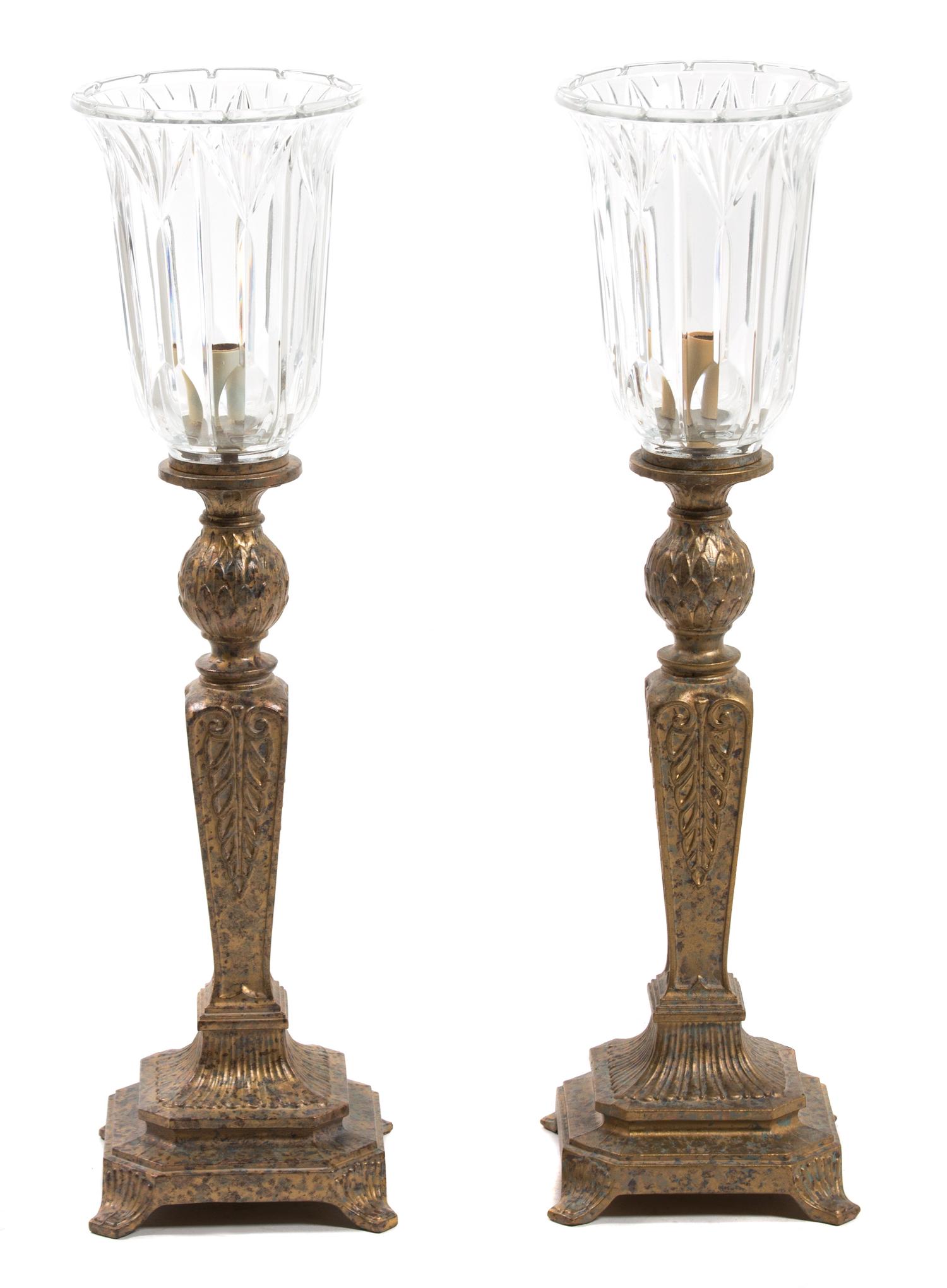 A Pair of Gilt Metal Torchere Lamps with Cut Glass Shades Height 24 inches. — 20TH CENTURY