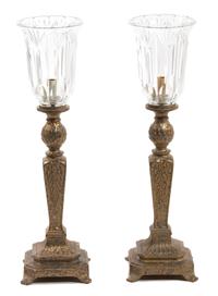 A Pair of Gilt Metal Torchere Lamps with Cut Glass Shades Height 24 inches. — 20TH CENTURY