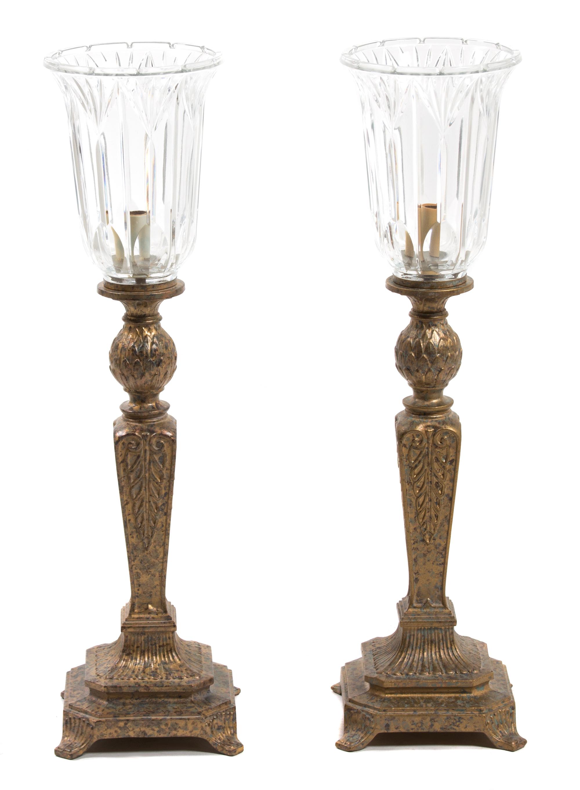 A Pair of Gilt Metal Torchere Lamps with Cut Glass Shades Height 24 inches. — 20TH CENTURY