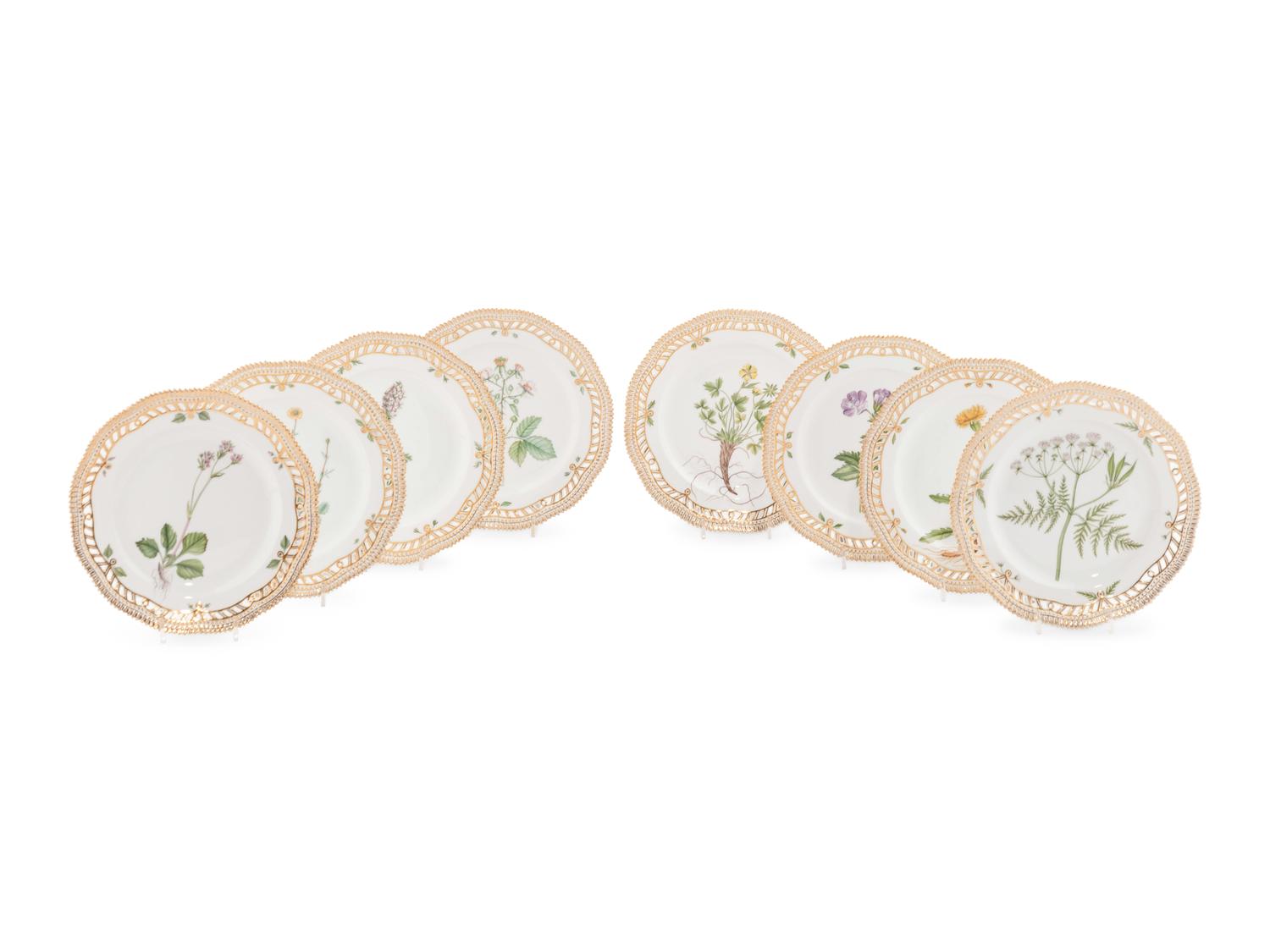 A Set of Eight Royal Copenhagen Flora Danica Reticulated Porcelain Salad Plates