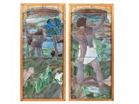 A Pair of Stained and Painted Glass Panels