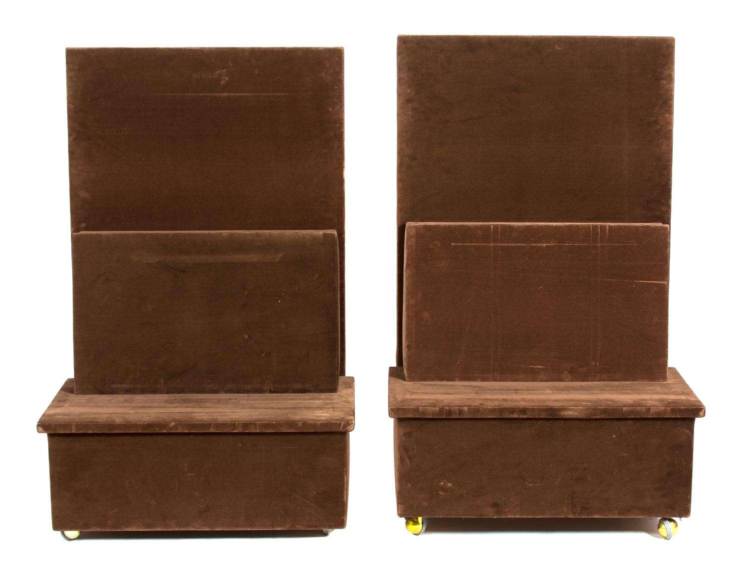A Pair of Brown Velvet Covered Gallery Easels Height 51 1/2 x width 33 inches. — 20TH CENTURY