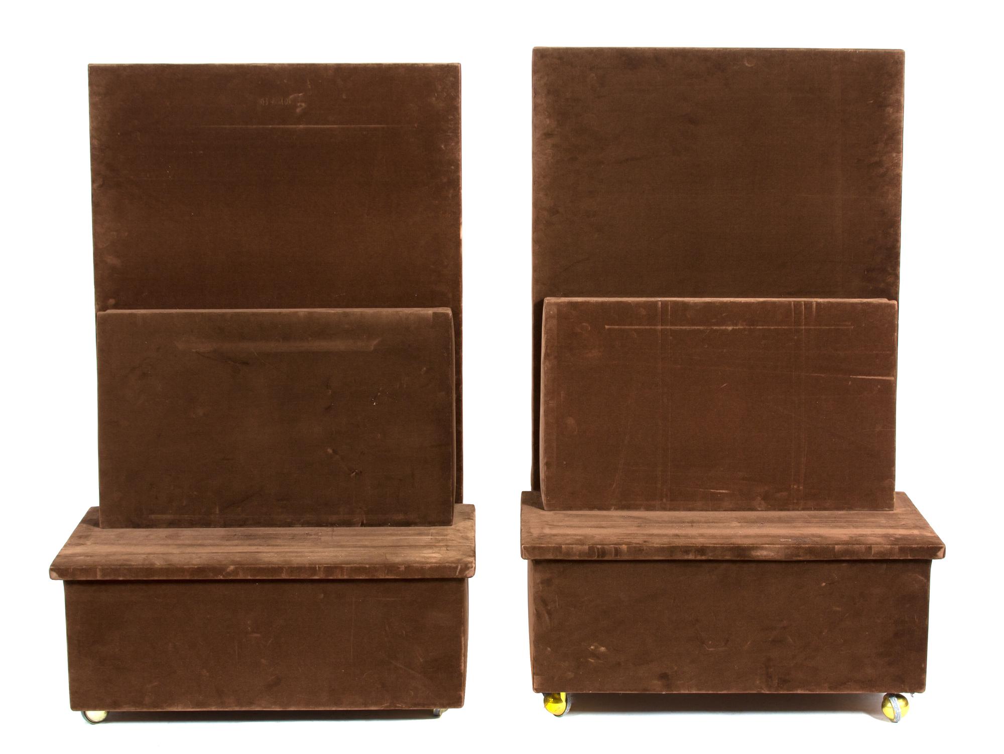 A Pair of Brown Velvet Covered Gallery Easels Height 51 1/2 x width 33 inches. — 20TH CENTURY