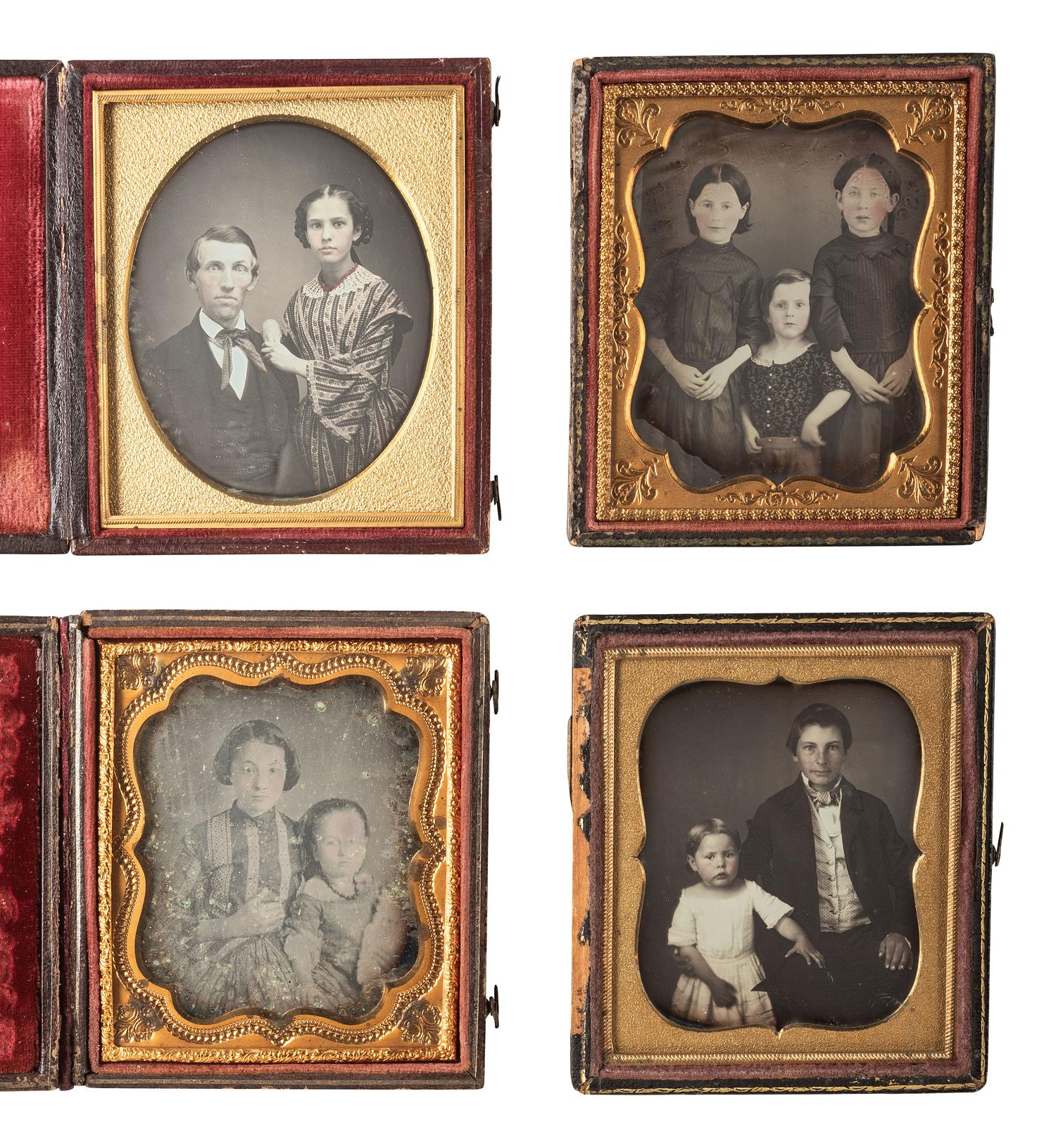 [EARLY PHOTOGRAPHY]. 8 quarter plate and sixth plate daguerreotypes of families and siblings.