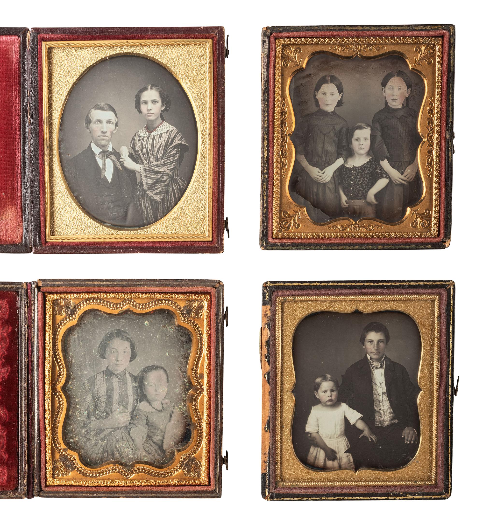 [EARLY PHOTOGRAPHY]. 8 quarter plate and sixth plate daguerreotypes of families and siblings.