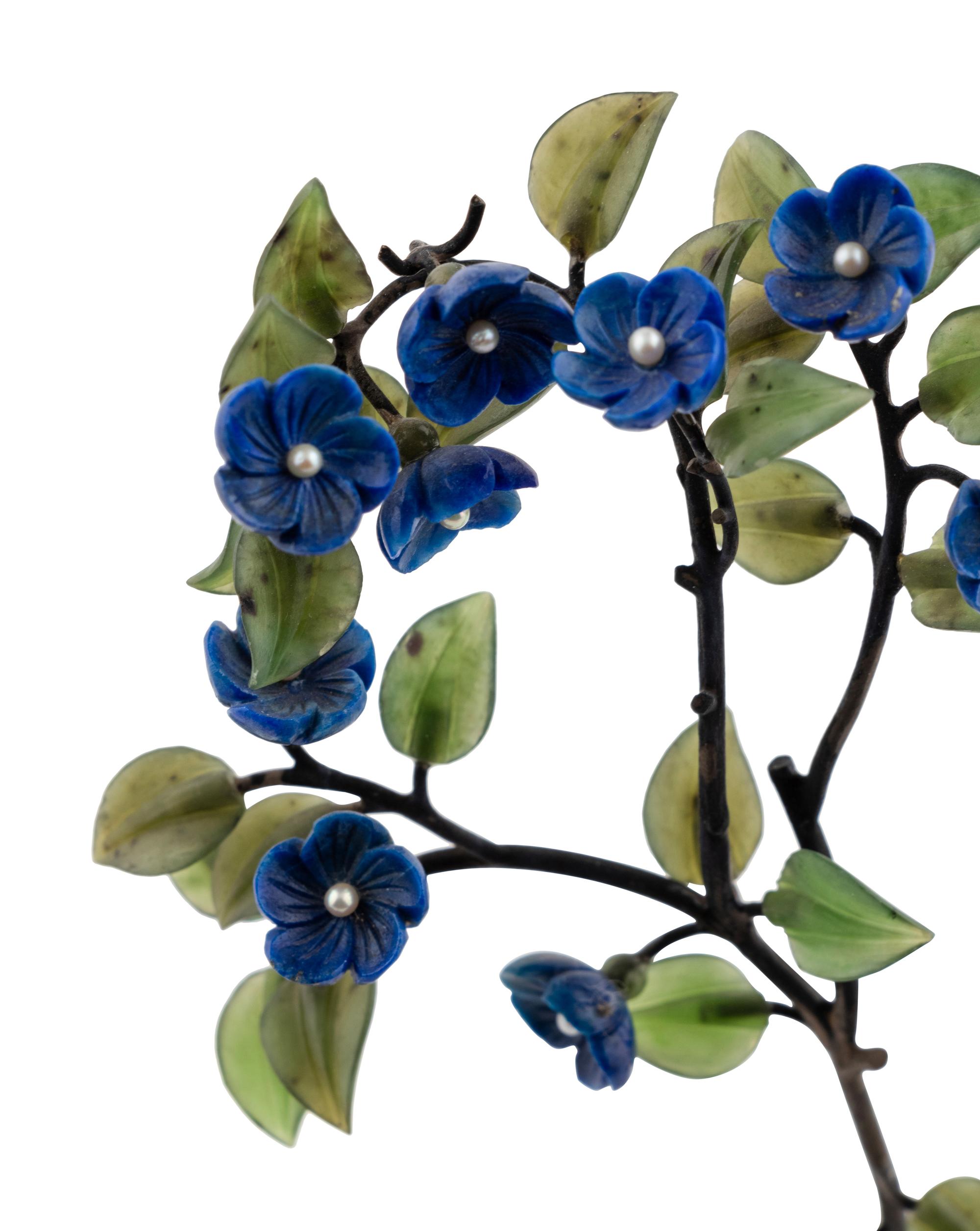 A Pearl Mounted Carved Rock Crystal, Lapis Lazuli and Silver Forget-me-not Flower Study