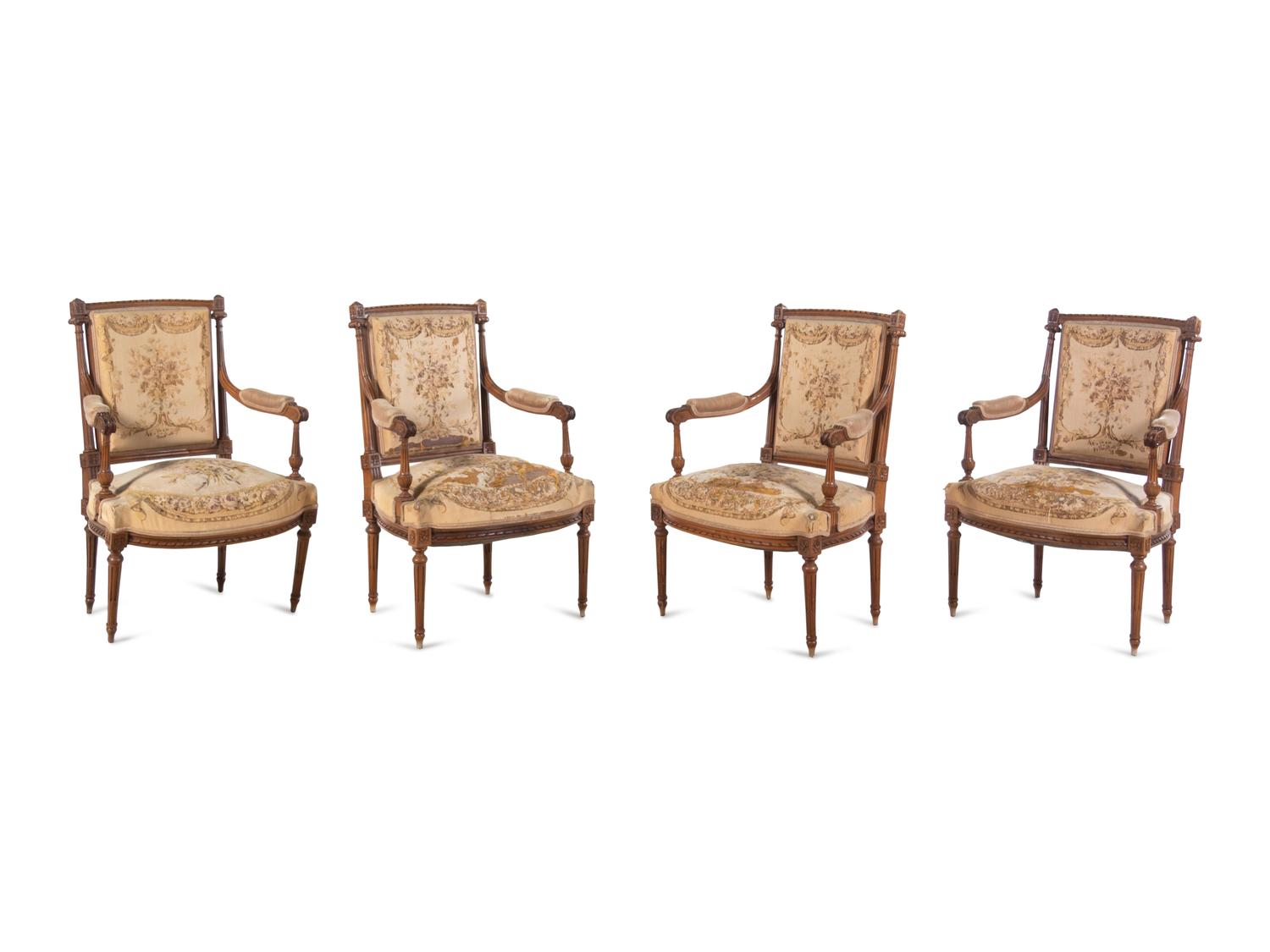 A Louis XVI Style Five-Piece Seating Suite with Tapestry Upholstery
