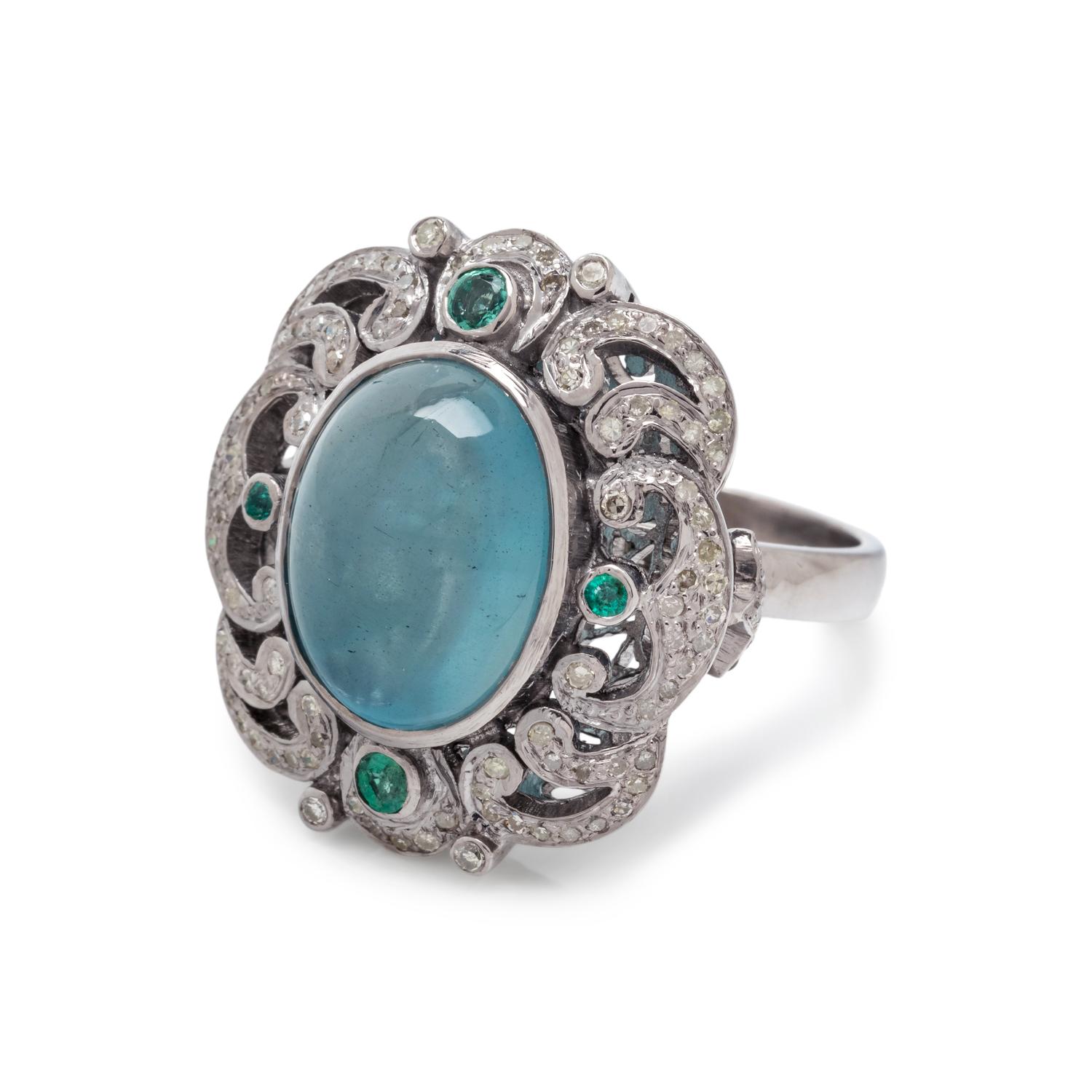 AQUAMARINE, DIAMOND AND EMERALD RING