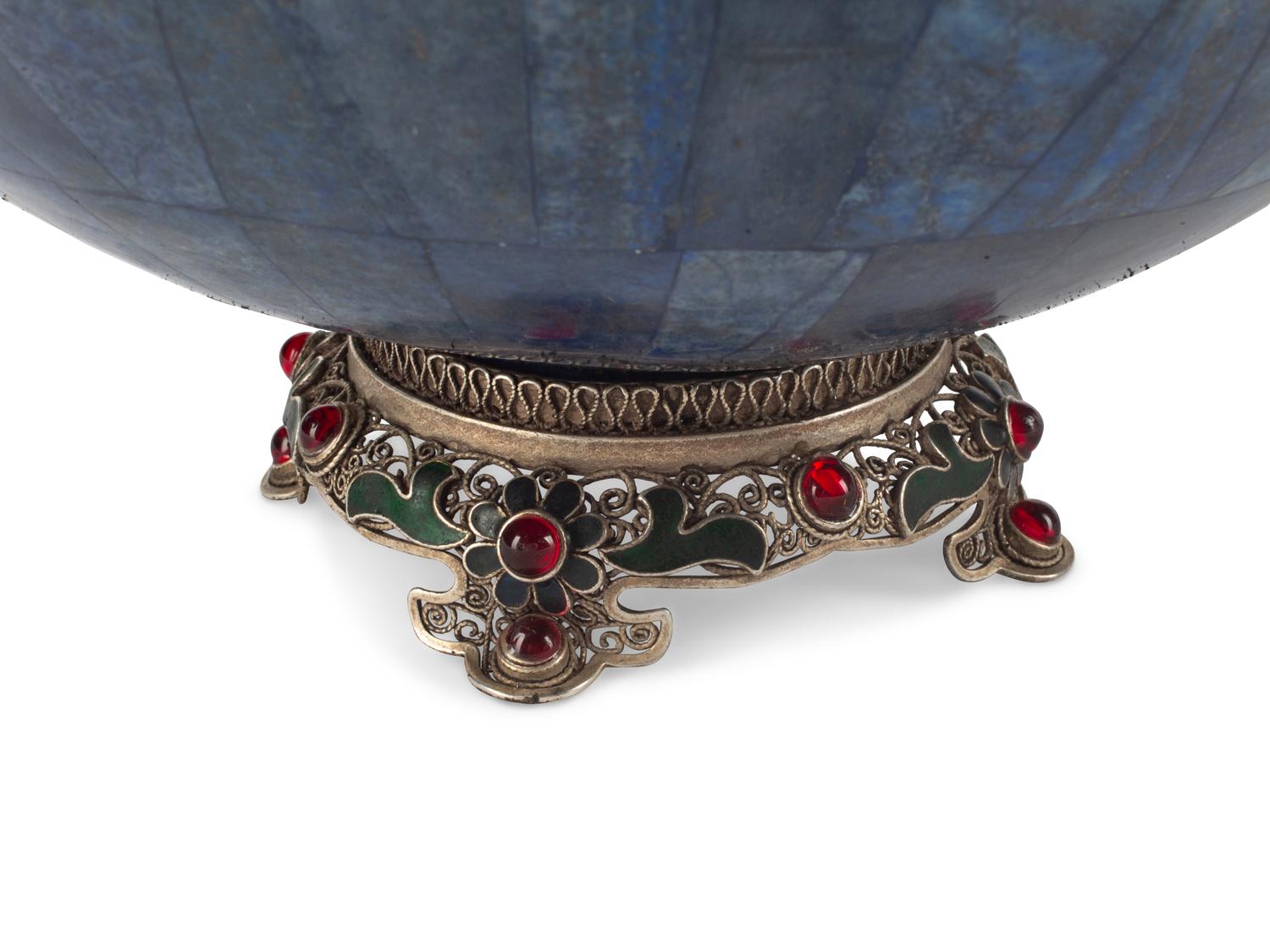 A Pair of Lapis Lazuli Bowls on Jeweled Filigree Bases