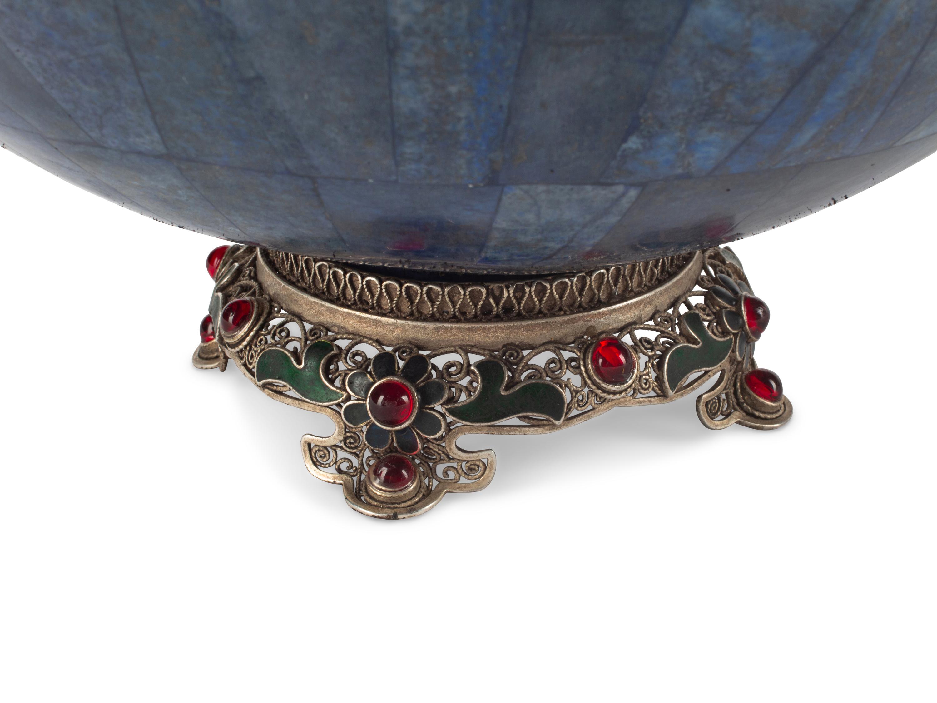 A Pair of Lapis Lazuli Bowls on Jeweled Filigree Bases