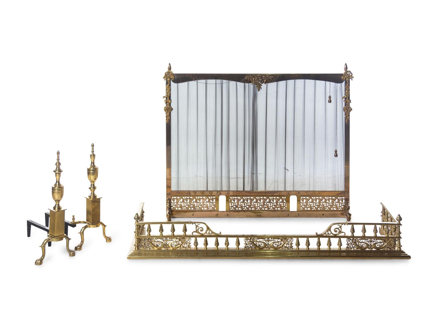 A Pair of Federal Style Brass Andirons with an Associated Fender and Screen