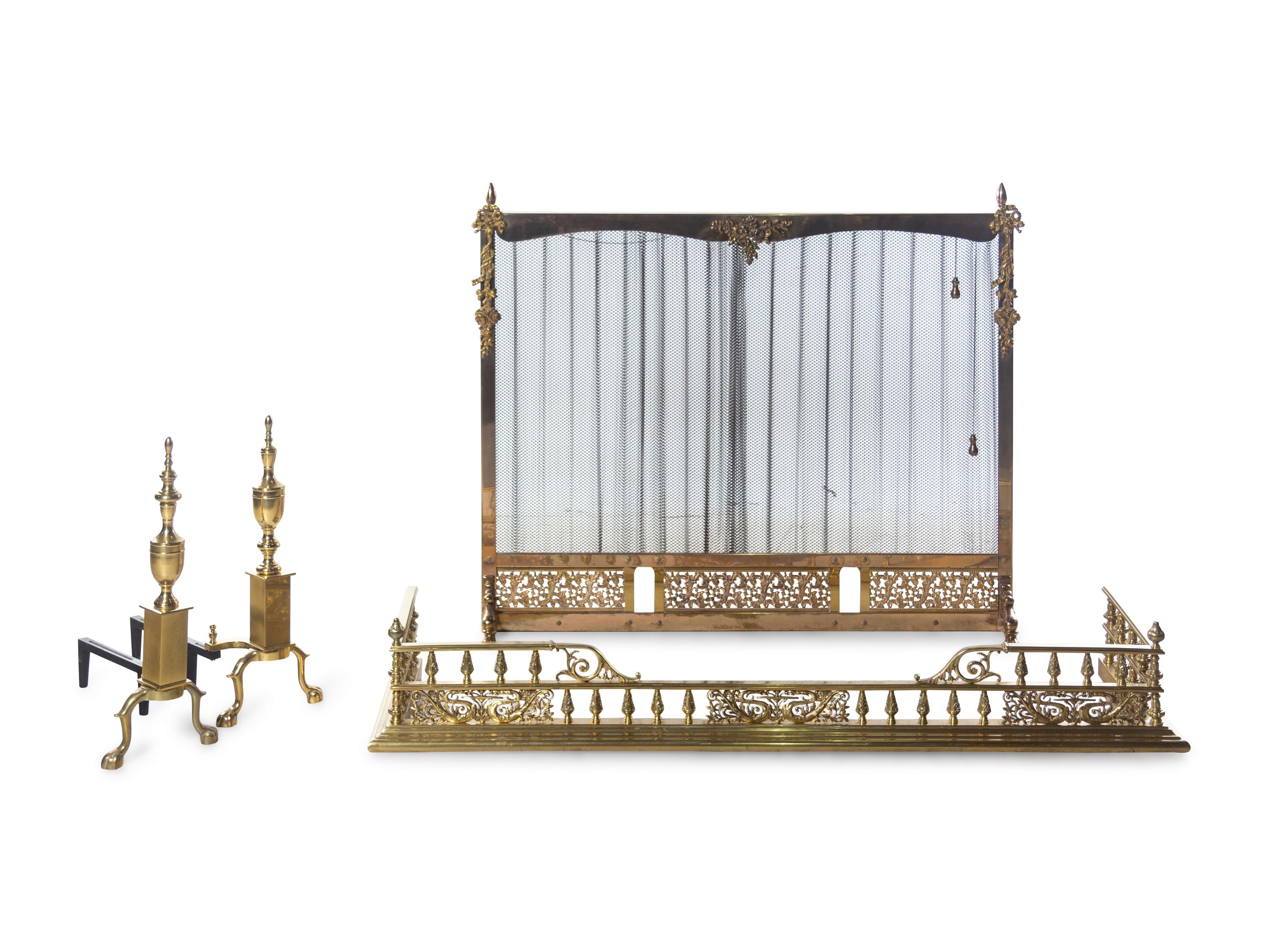 A Pair of Federal Style Brass Andirons with an Associated Fender and Screen