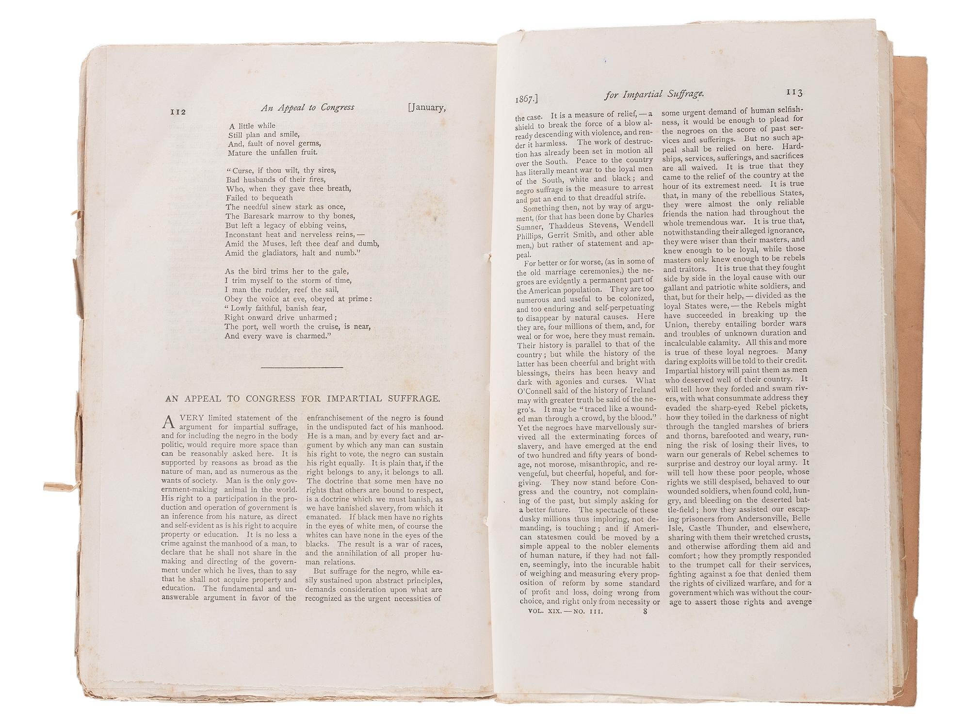 [DOUGLASS, Frederick (1818-1895)]. A group of 2 issues of The Atlantic Monthly , incl. "An Appeal to Congress for Impartial Suffrage" published anonymously by Frederick Douglass, comprising: