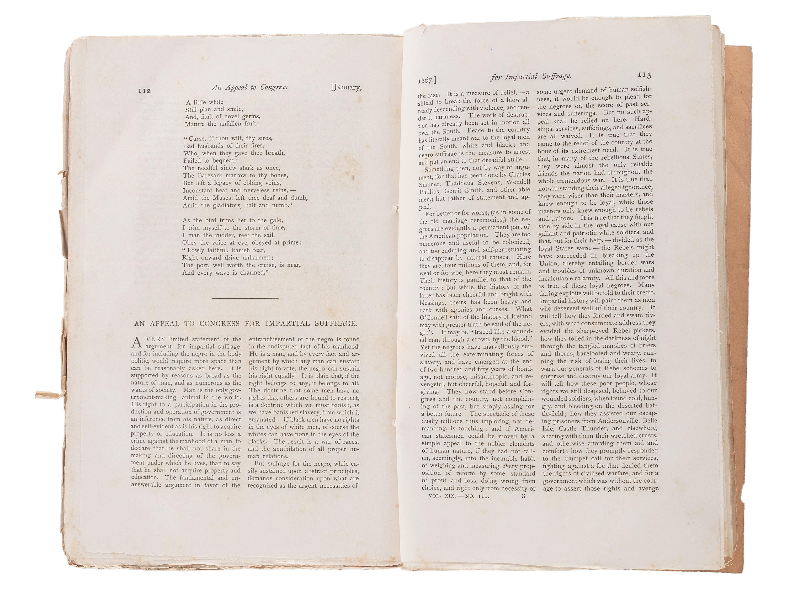 [DOUGLASS, Frederick (1818-1895)]. A group of 2 issues of The Atlantic Monthly , incl. "An Appeal to Congress for Impartial Suffrage" published anonymously by Frederick Douglass, comprising: