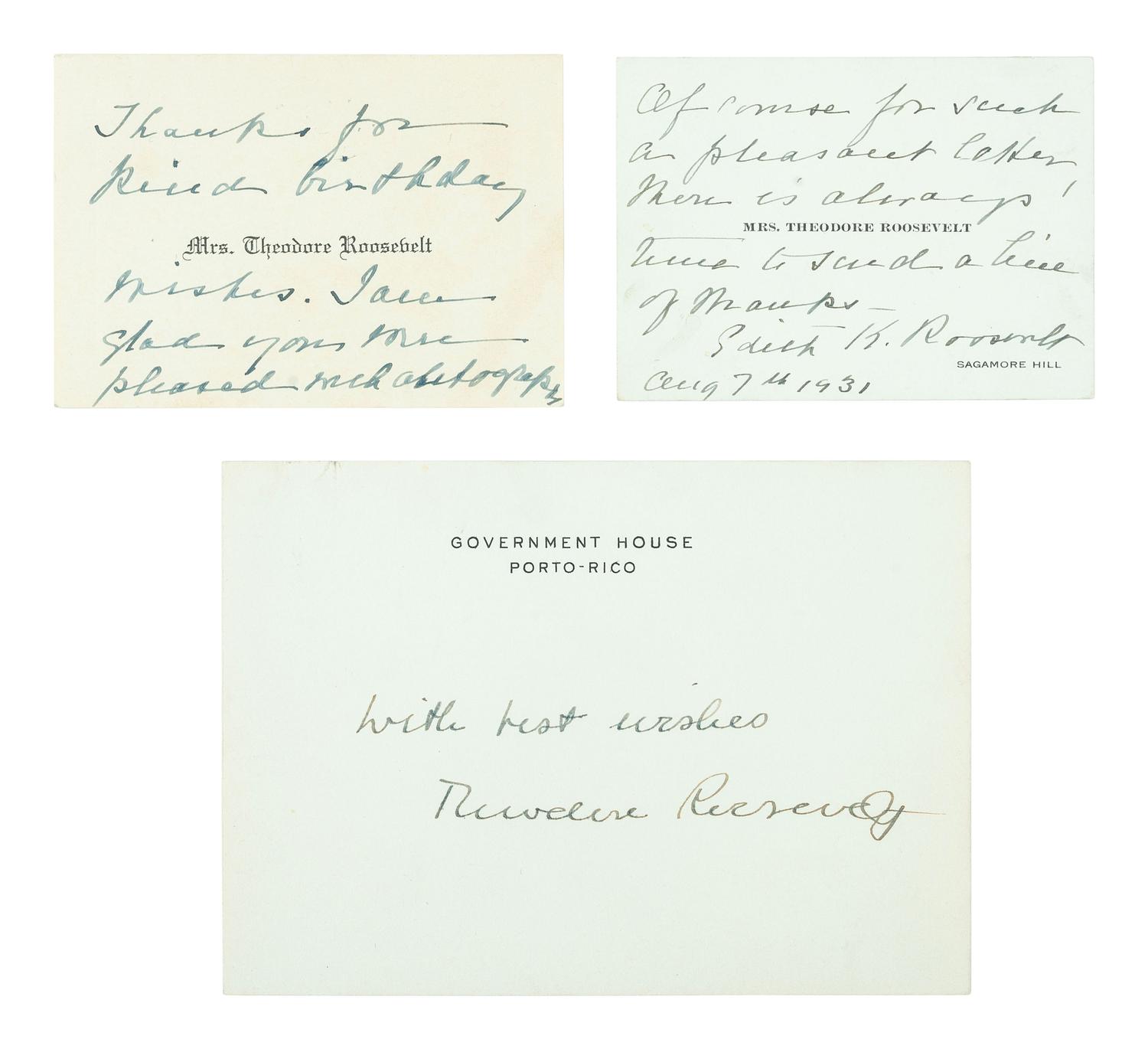 ROOSEVELT, Theodore (1858-1919). Clipped signature. [ With: ] ROOSEVELT, Edith Kermit Carow (1861-1948). Autograph note signed.
