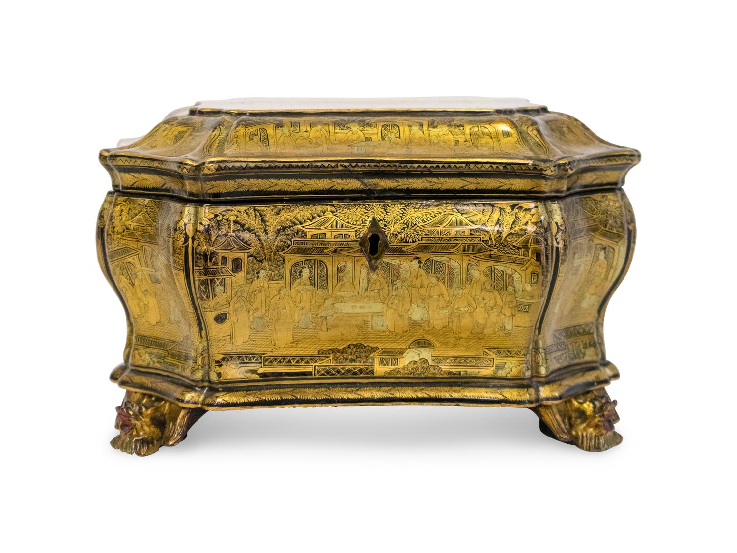A Chinese Export Black Lacquer Gilt Decorated Tea Caddy